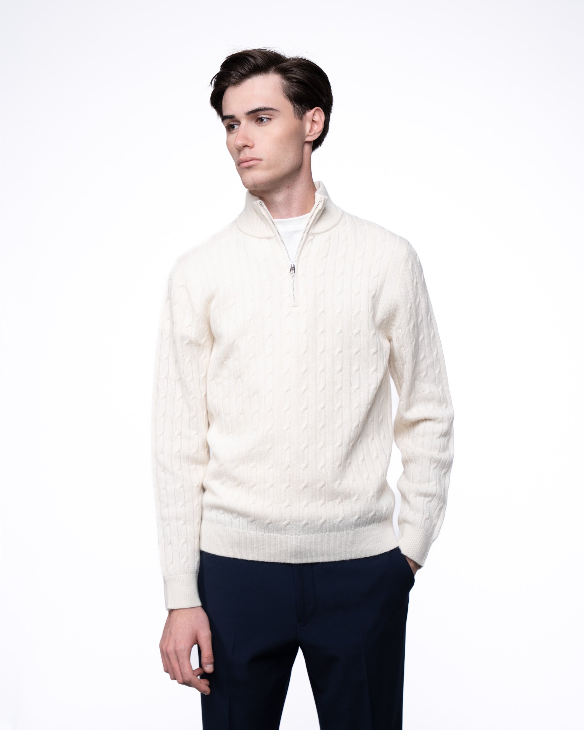 Cable Knit Quarter Zip Jumper Ecru