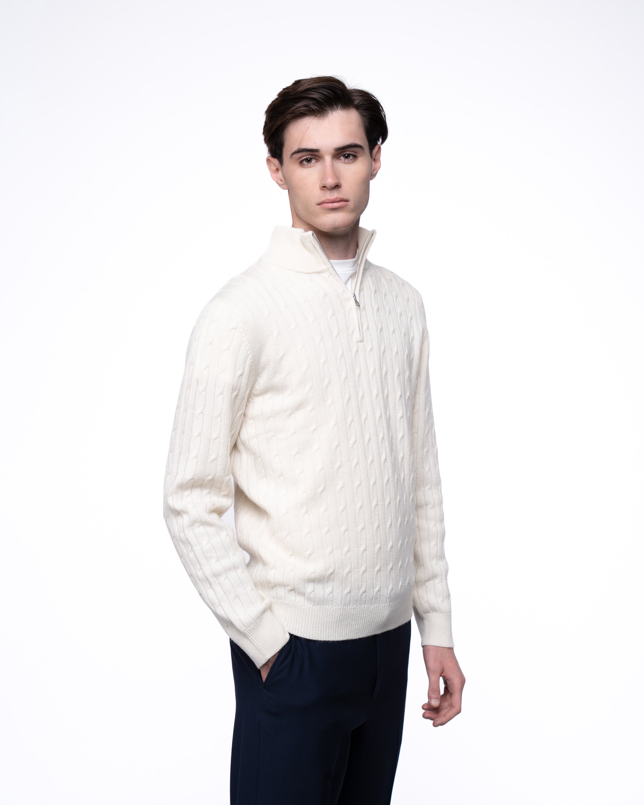 Cable Knit Quarter Zip Jumper Ecru