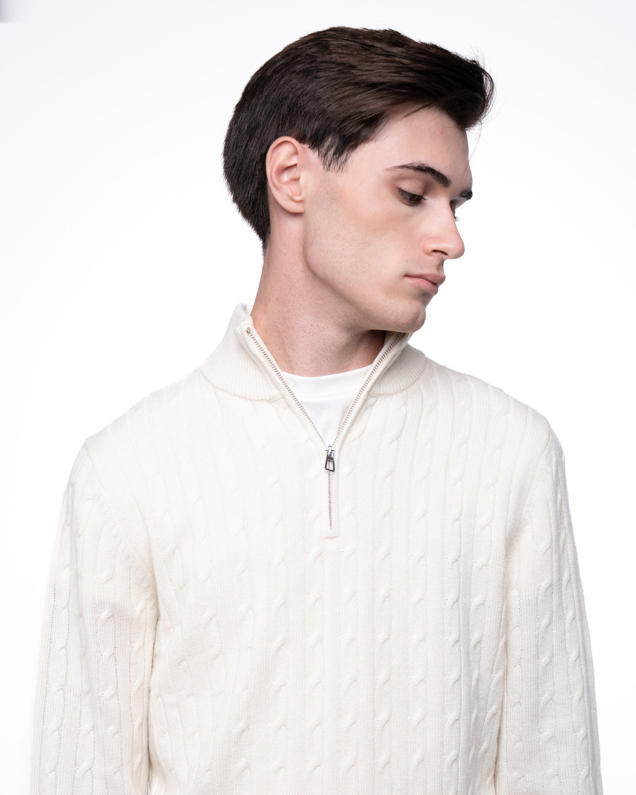 Cable Knit Quarter Zip Jumper Ecru