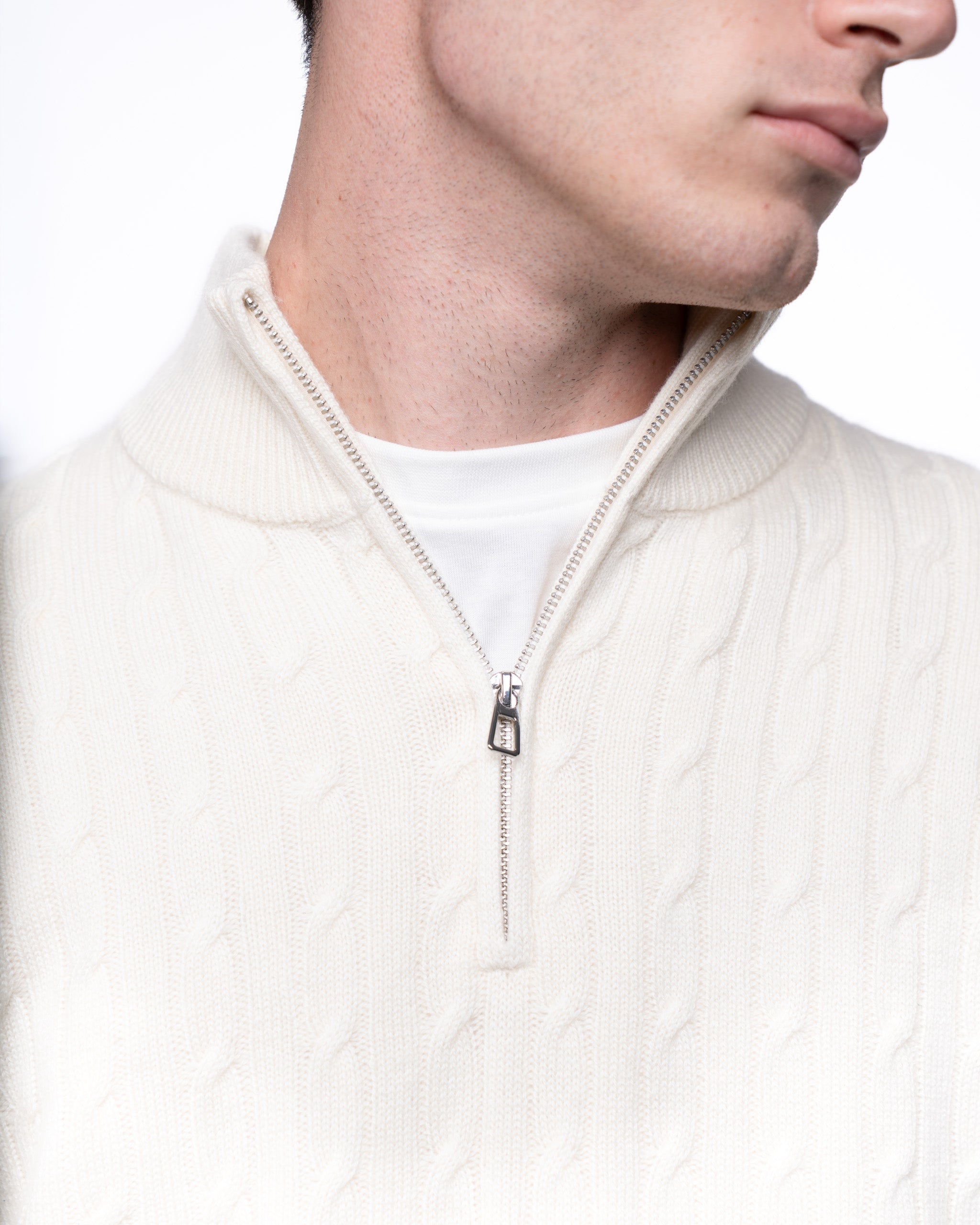 Cable Knit Quarter Zip Jumper Ecru