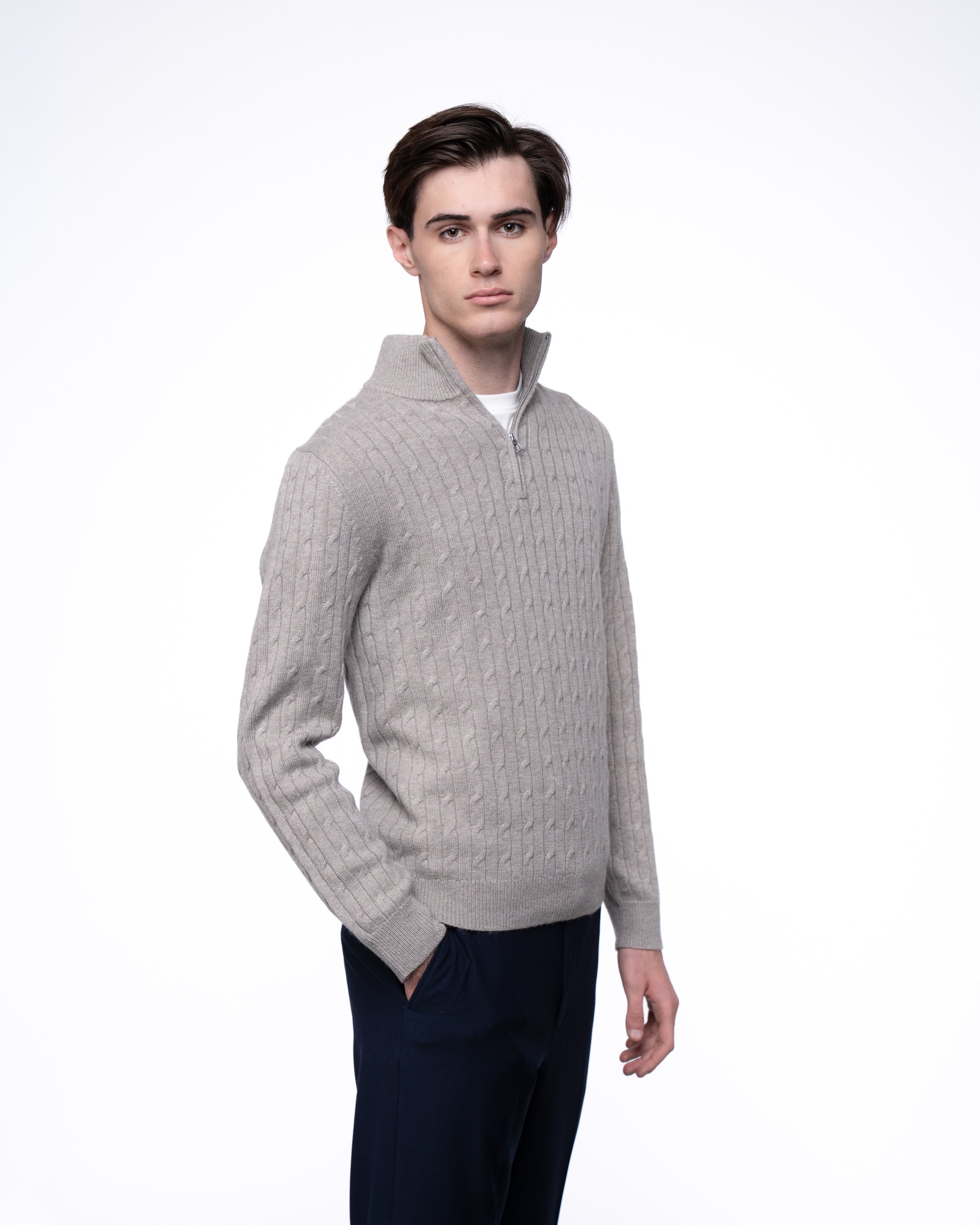 Cable Knit Quarter Zip Jumper Taupe