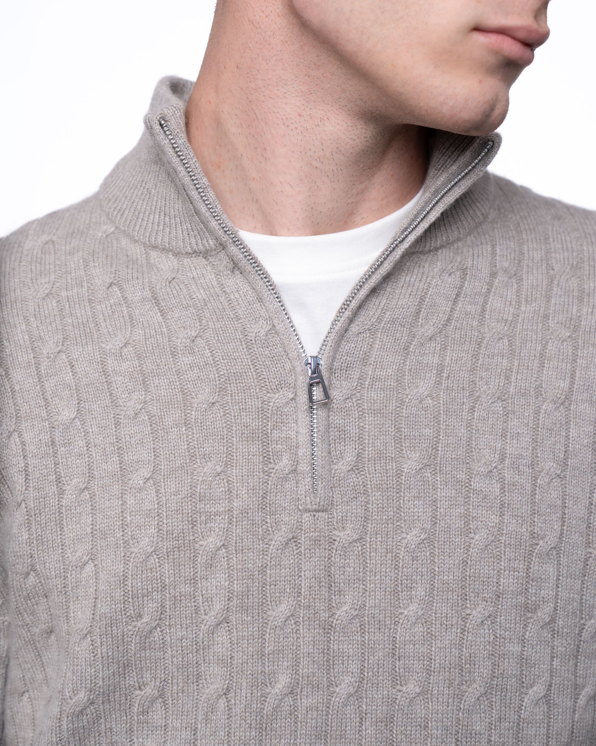Cable Knit Quarter Zip Jumper Taupe