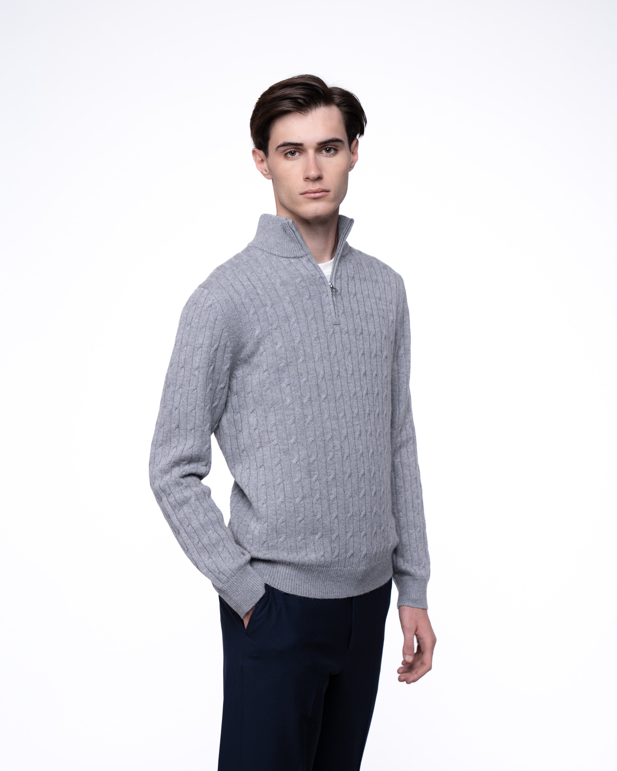 Cable Knit Quarter Zip Jumper Grey