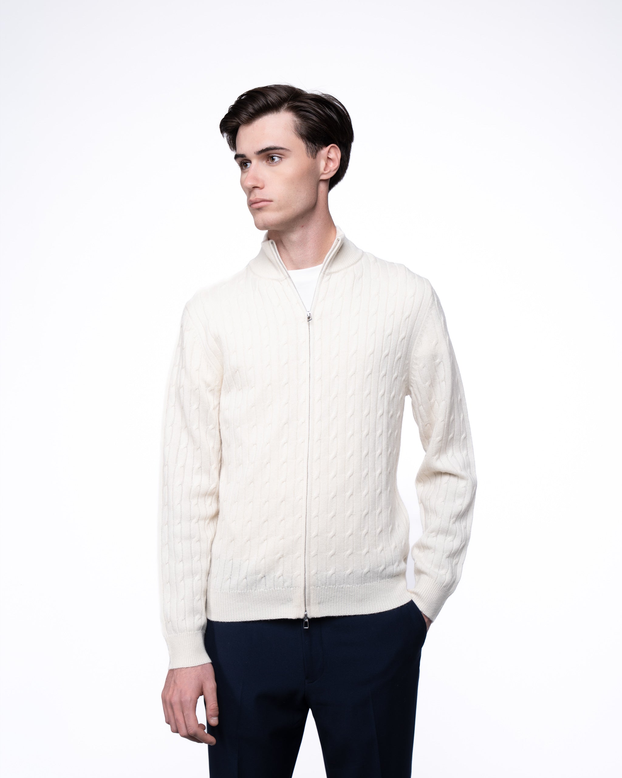 Cable Knit Full Zip Jumper Ecru