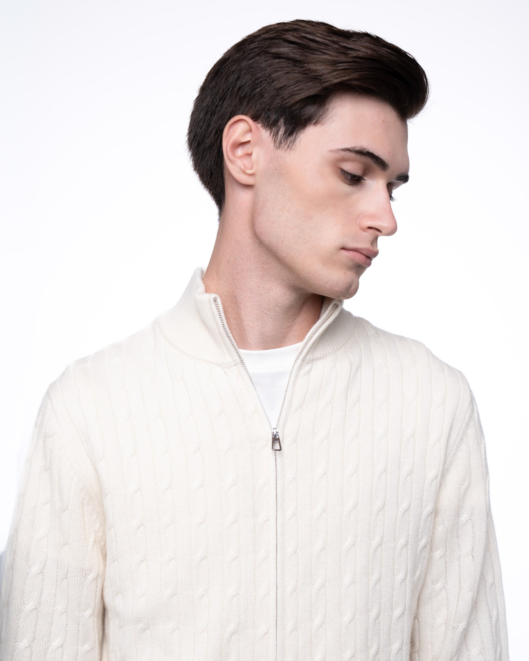 Cable Knit Full Zip Jumper Ecru