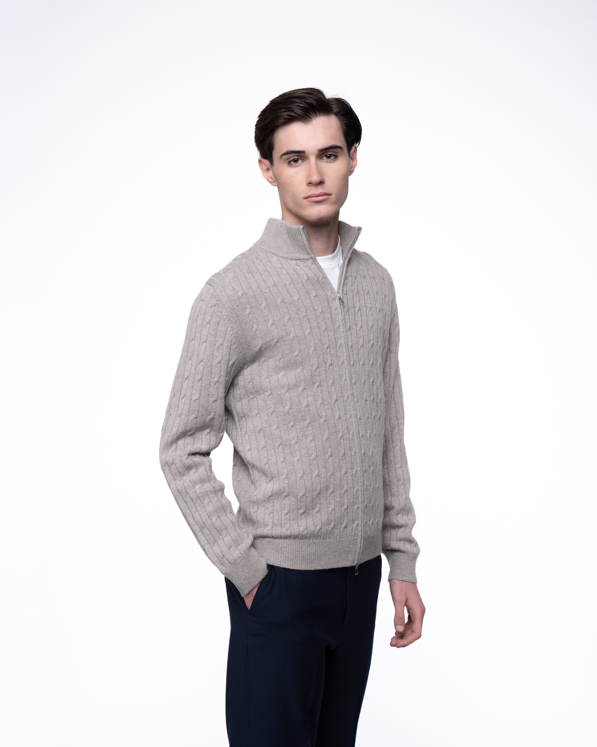 Cable Knit Full Zip Jumper Taupe