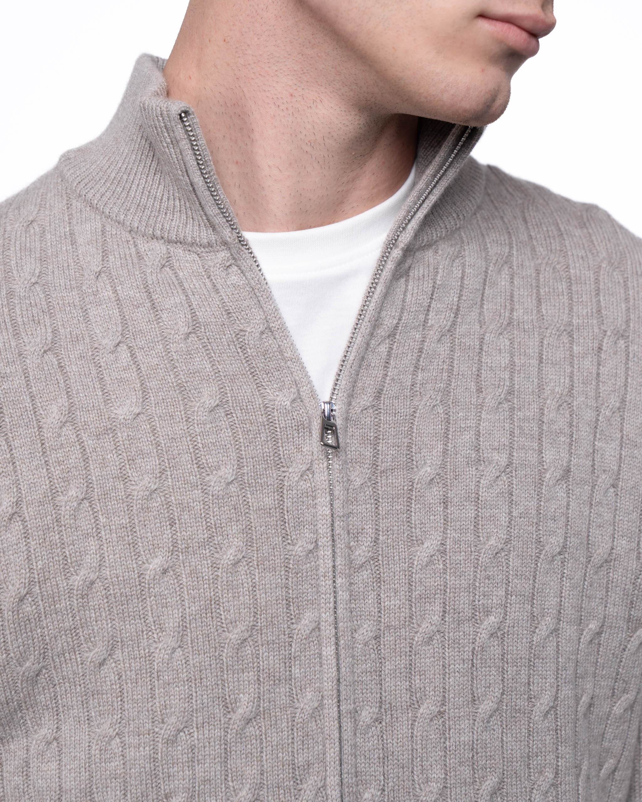 Cable Knit Full Zip Jumper Taupe