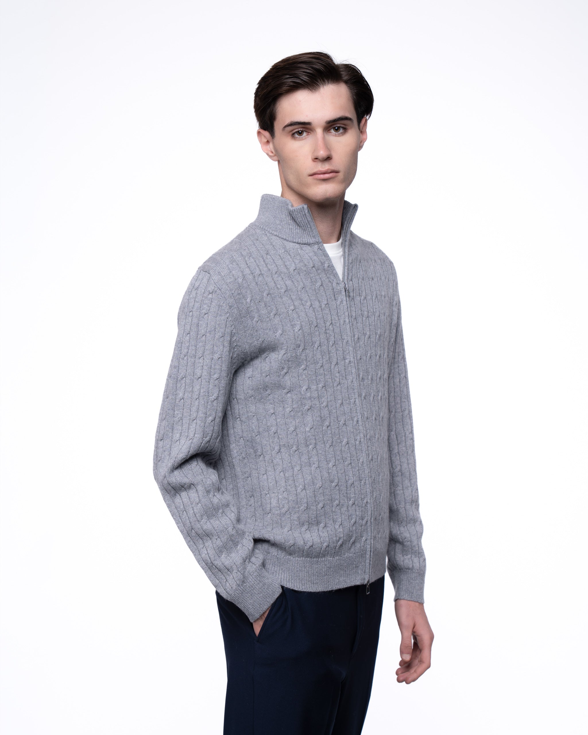 Cable Knit Full Zip Jumper Grey