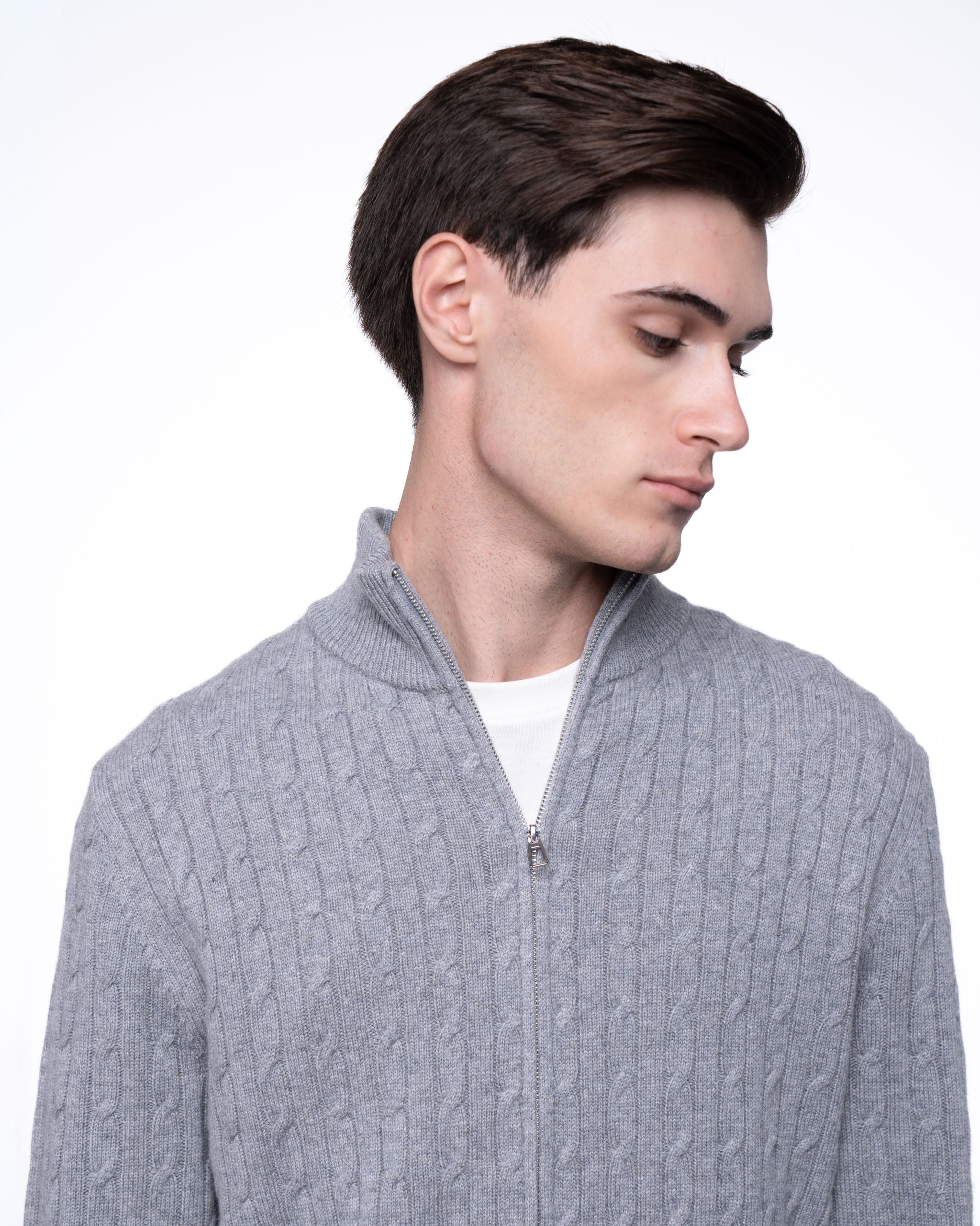 Cable Knit Full Zip Jumper Grey