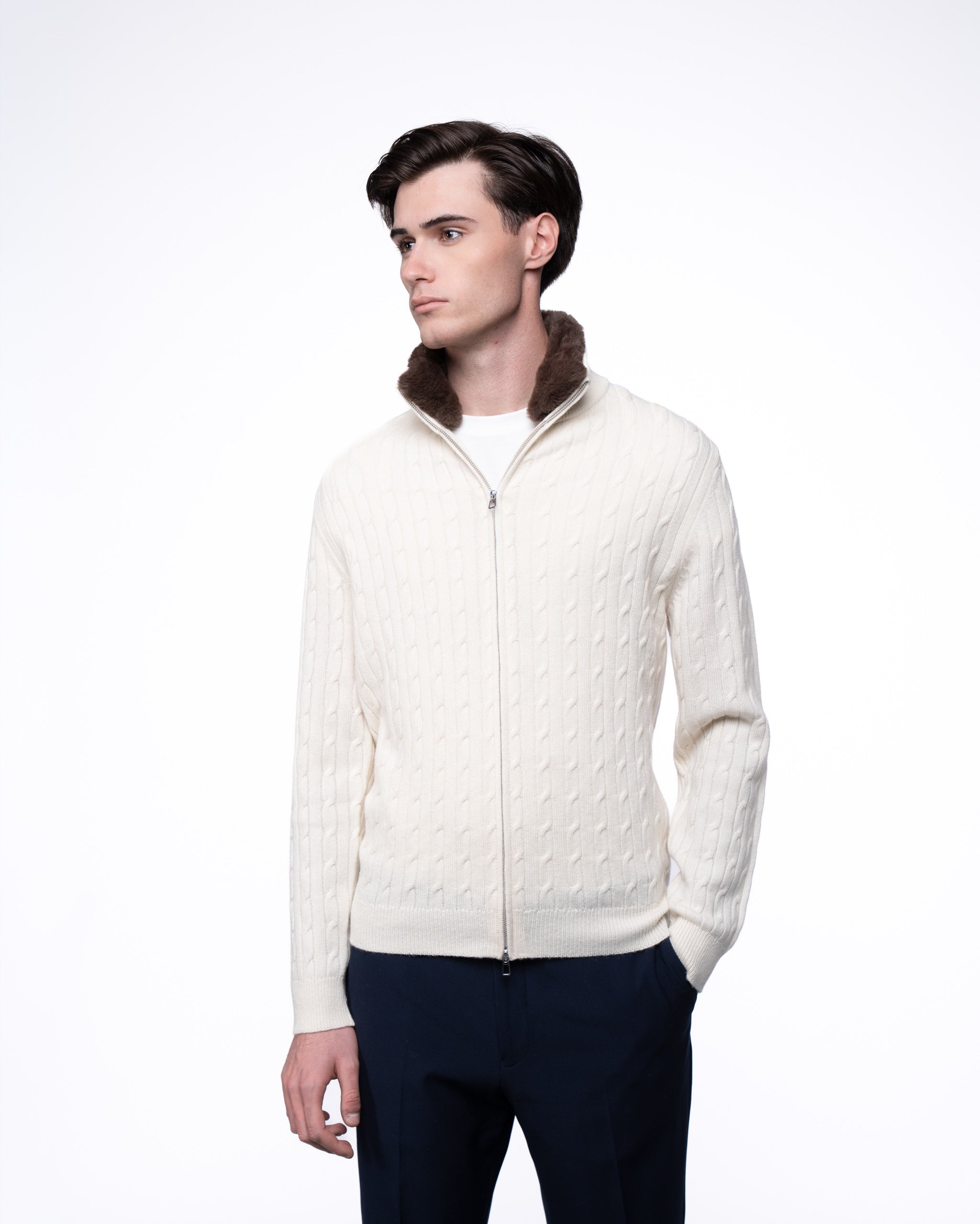 Cable Knit Full Zip Fur Jumper Ecru