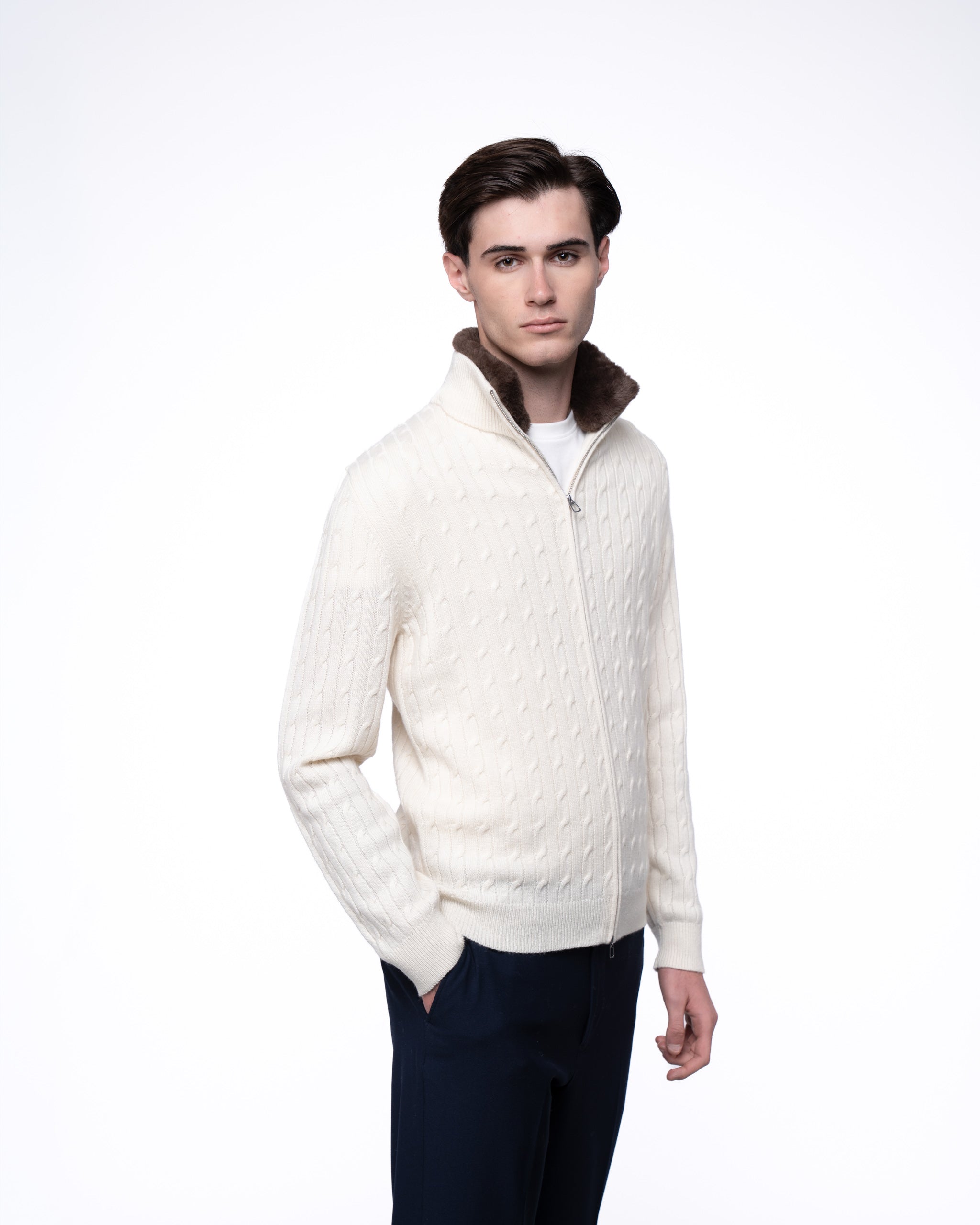 Cable Knit Full Zip Fur Jumper Ecru