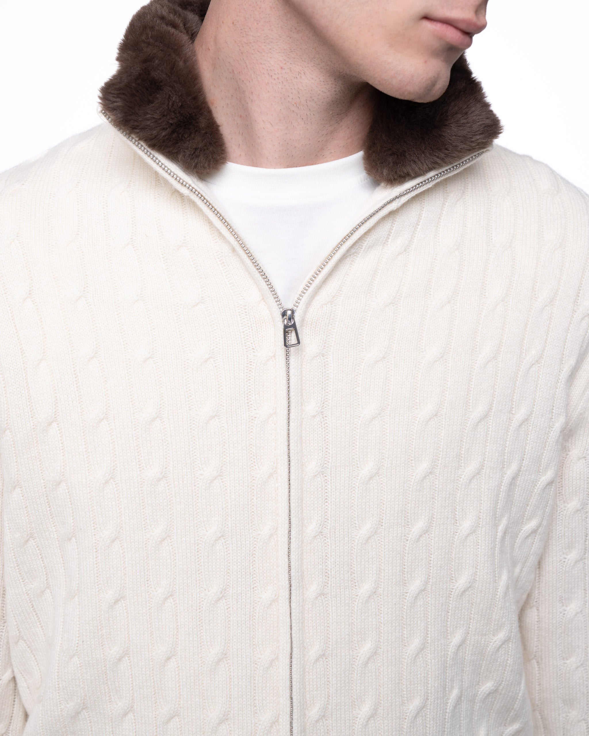 Cable Knit Full Zip Fur Jumper Ecru