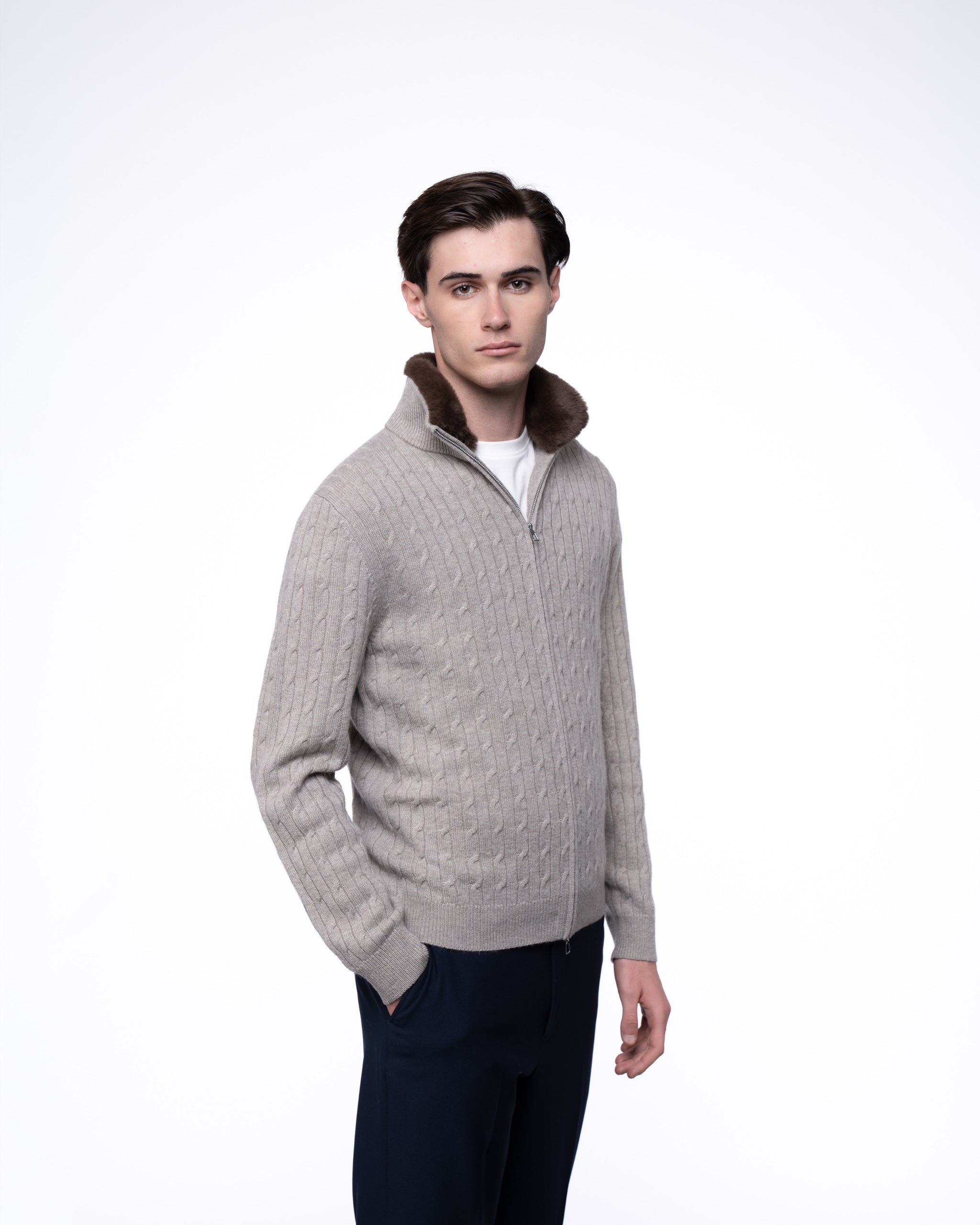 Cable Knit Full Zip Fur Jumper Taupe