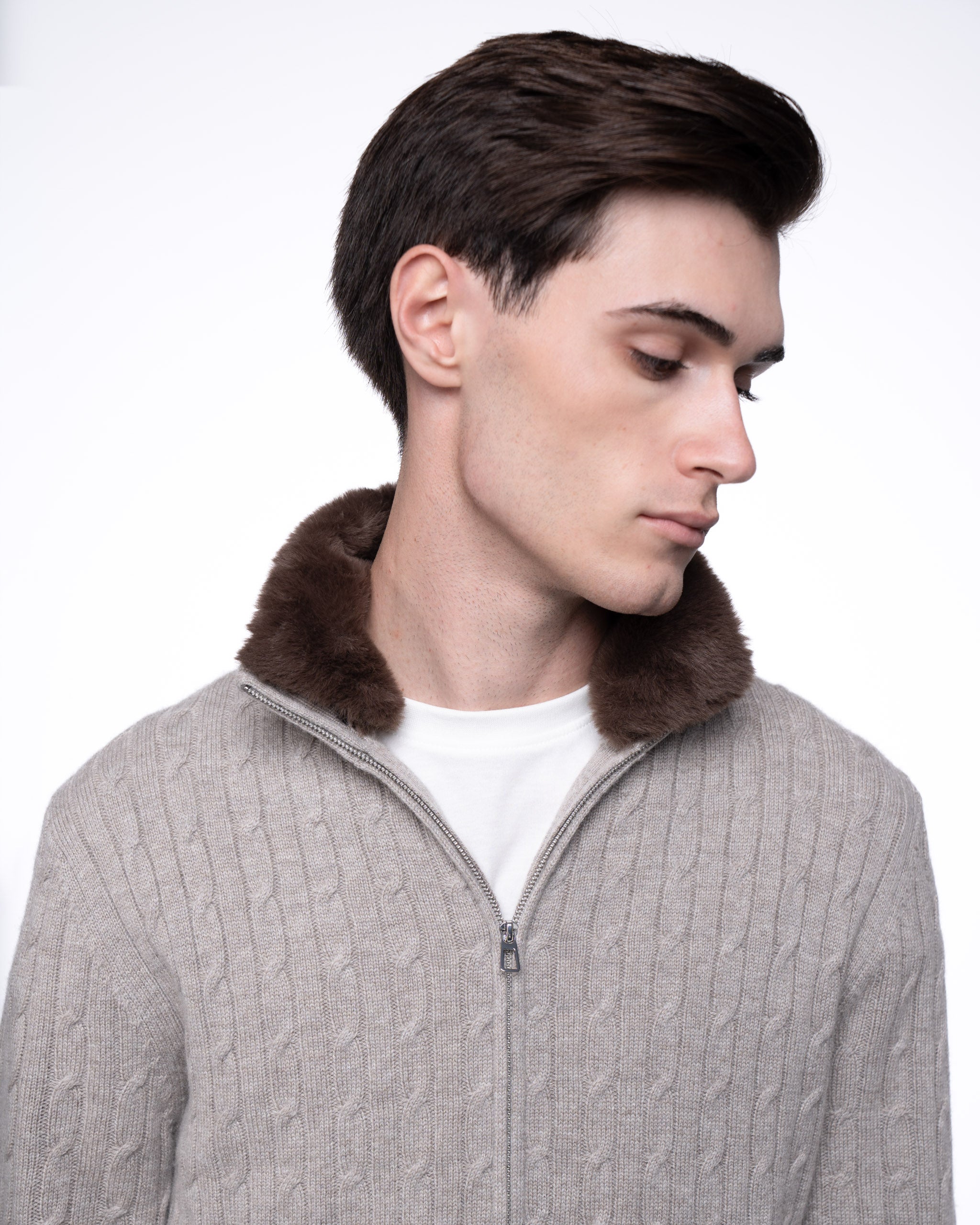 Cable Knit Full Zip Fur Jumper Taupe