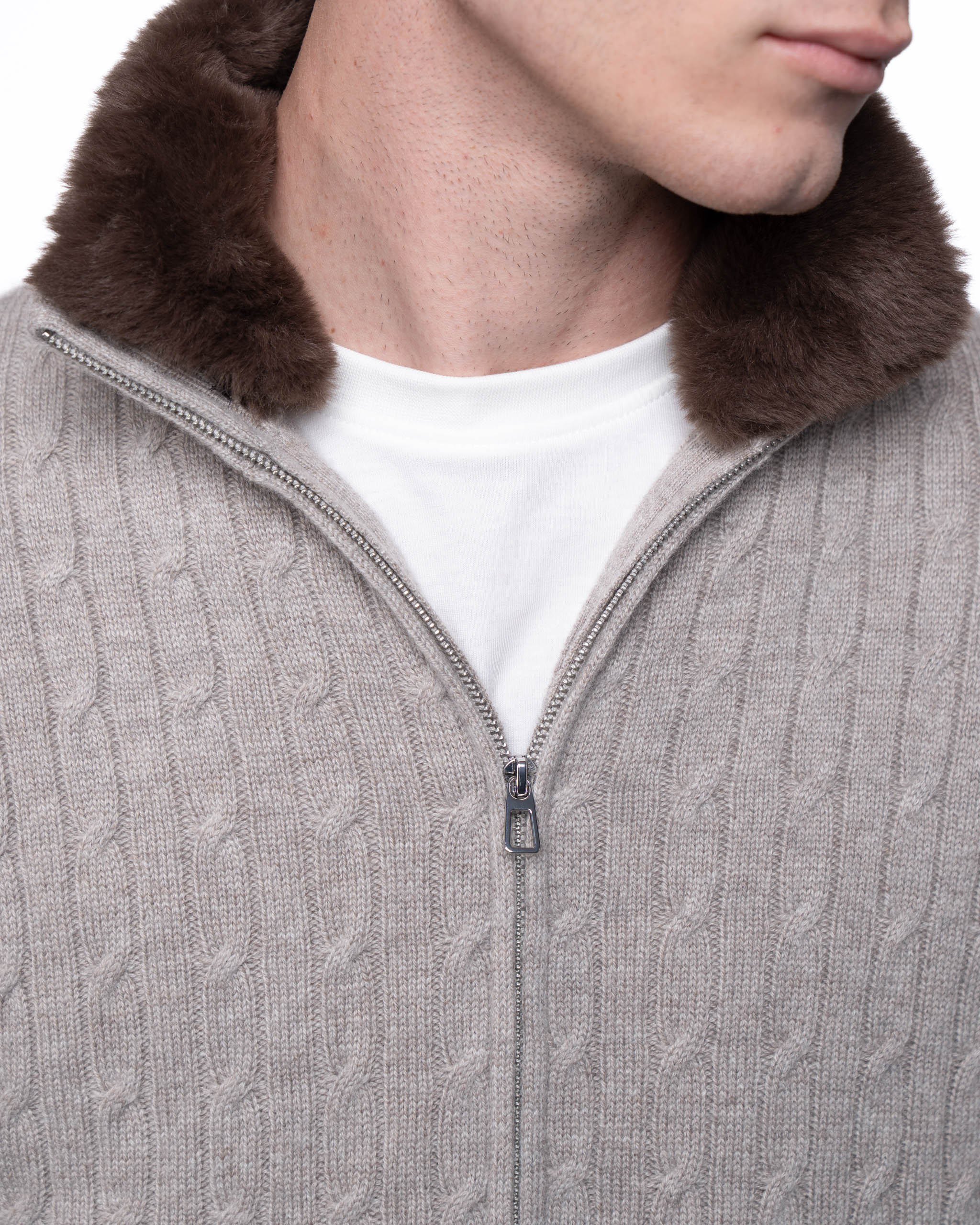 Cable Knit Full Zip Fur Jumper Taupe