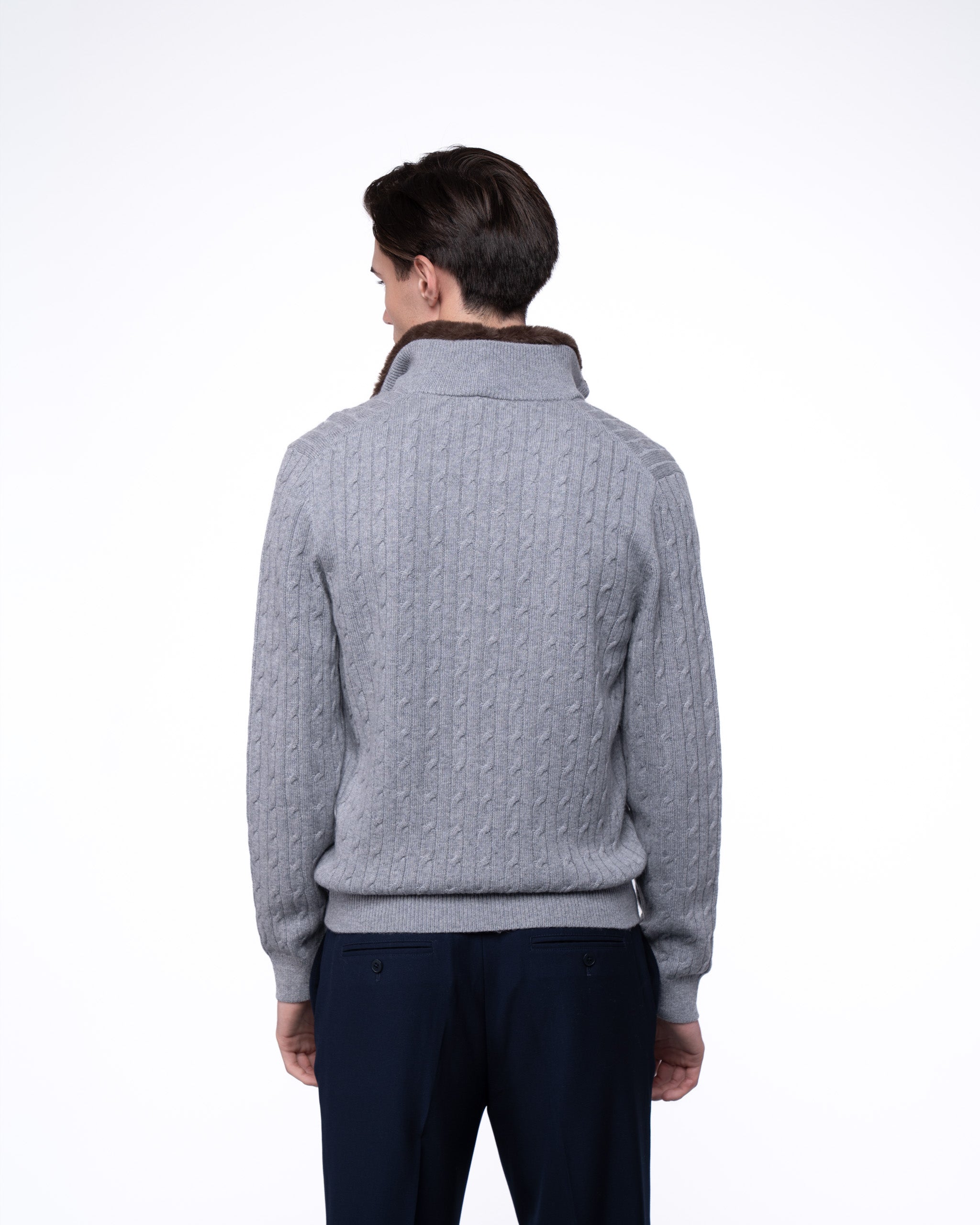 Cable Knit Full Zip Fur Jumper Grey