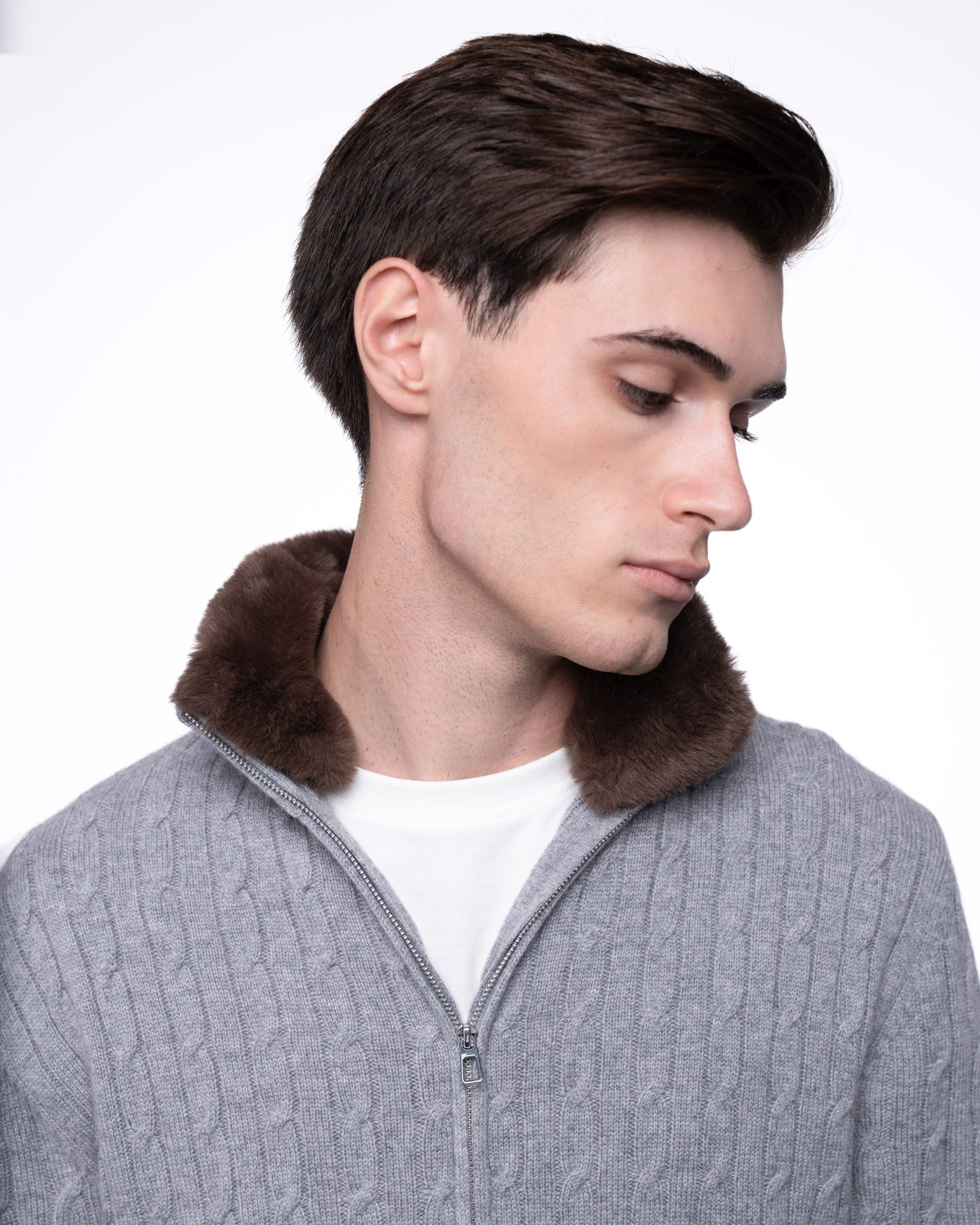 Cable Knit Full Zip Fur Jumper Grey