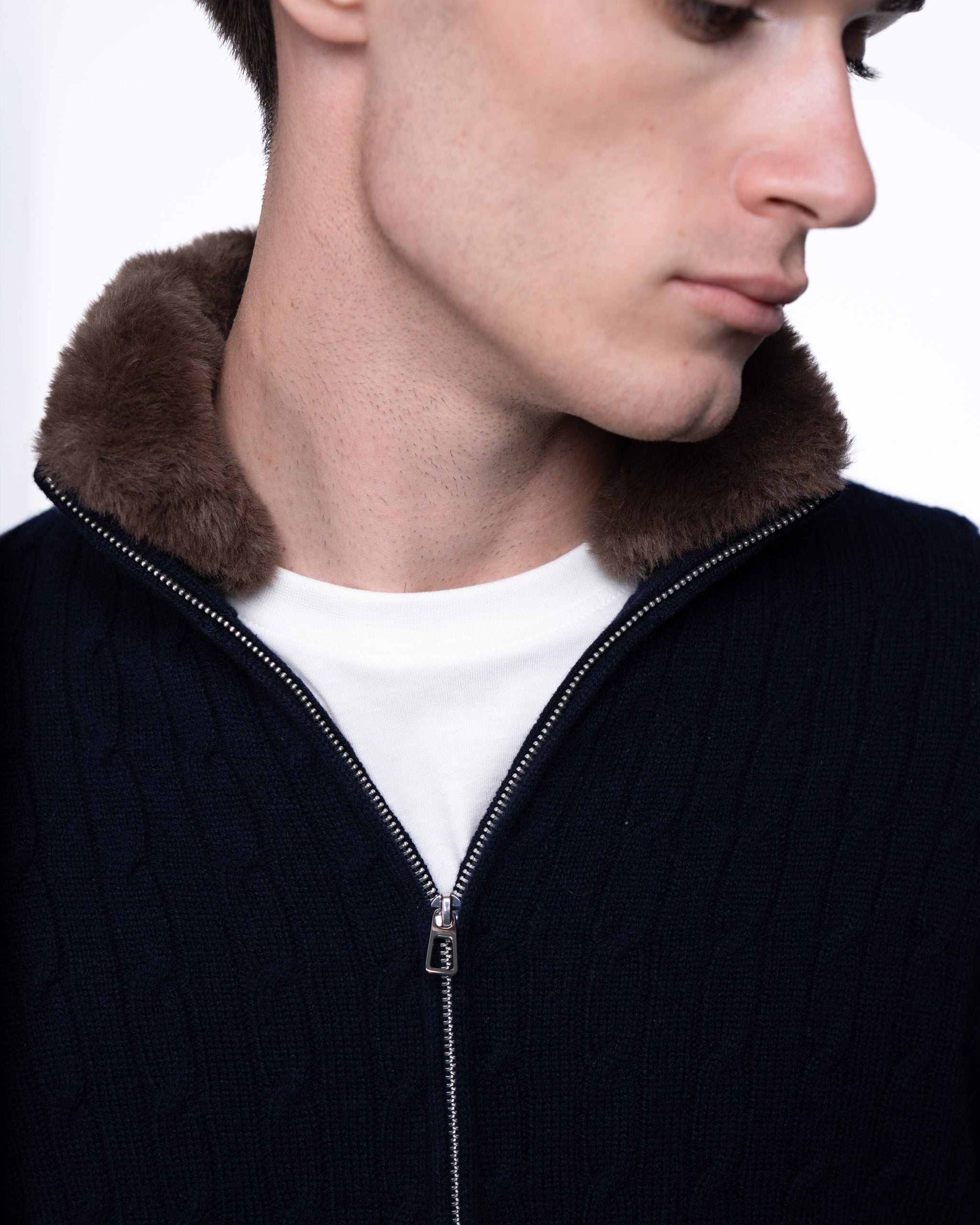 Cable Knit Full Zip Fur Jumper Navy