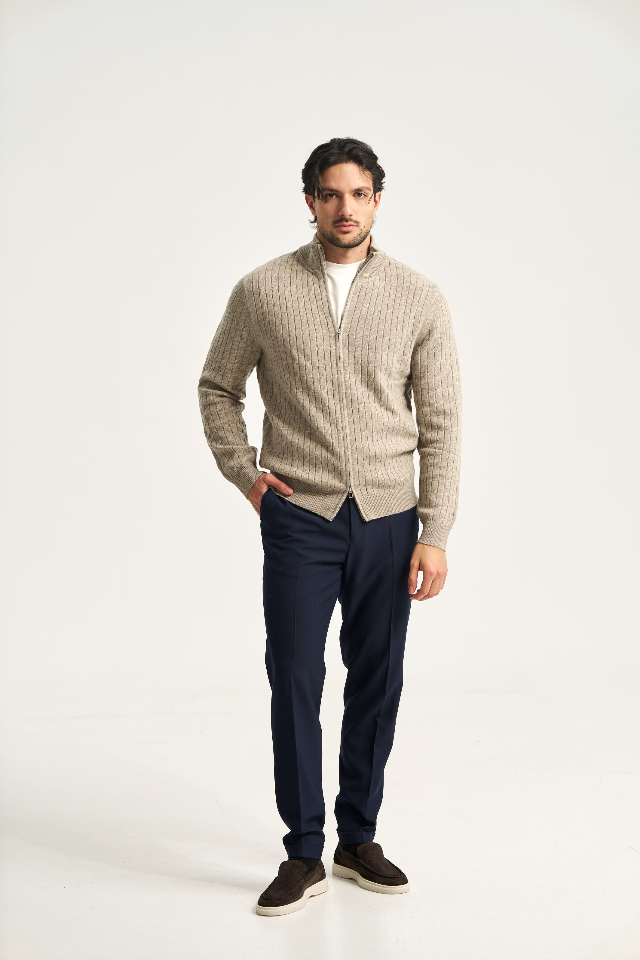 Cable Knit Full Zip Jumper Taupe Brown