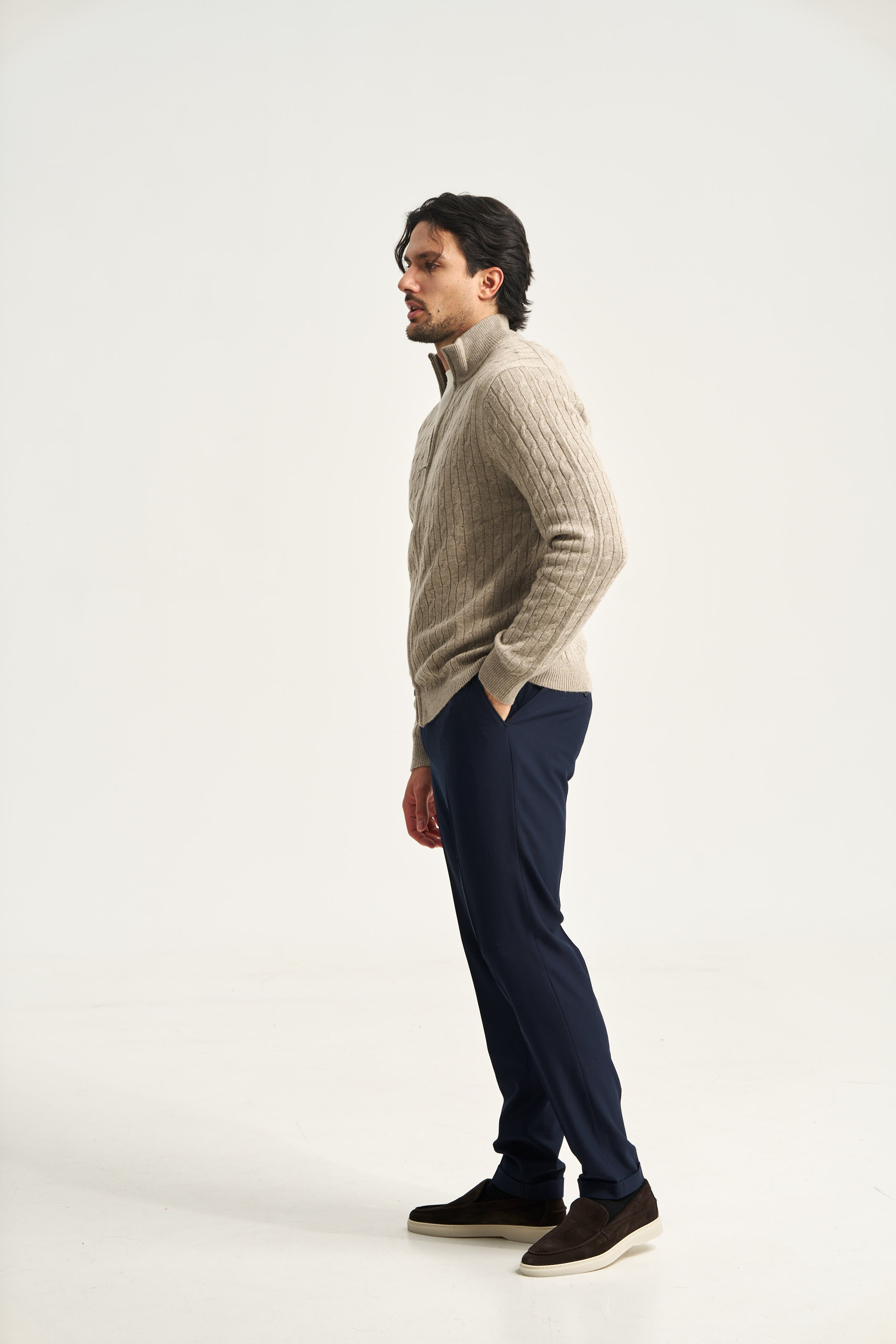 Cable Knit Full Zip Jumper Taupe Brown