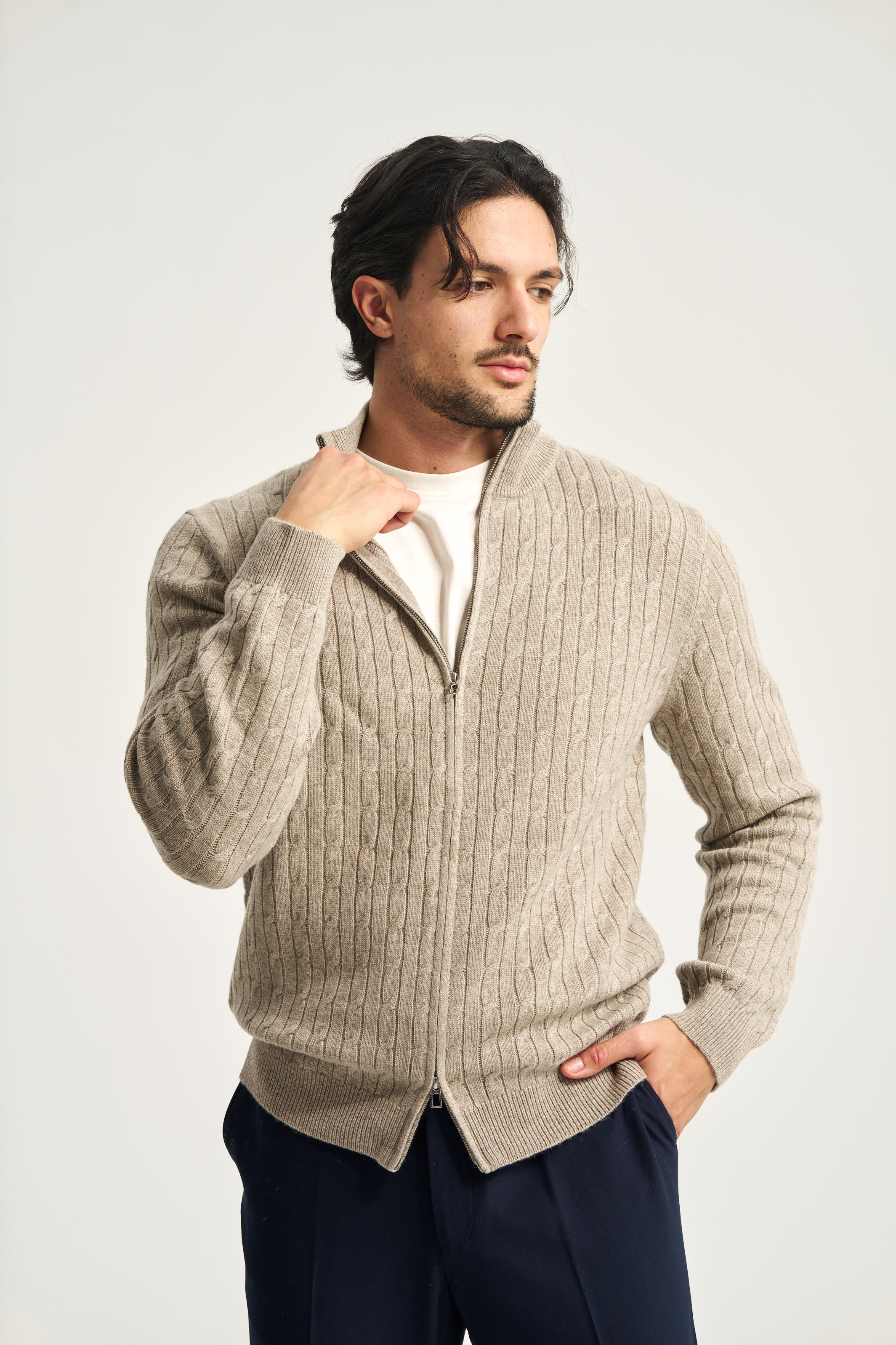 Cable Knit Full Zip Jumper Taupe Brown