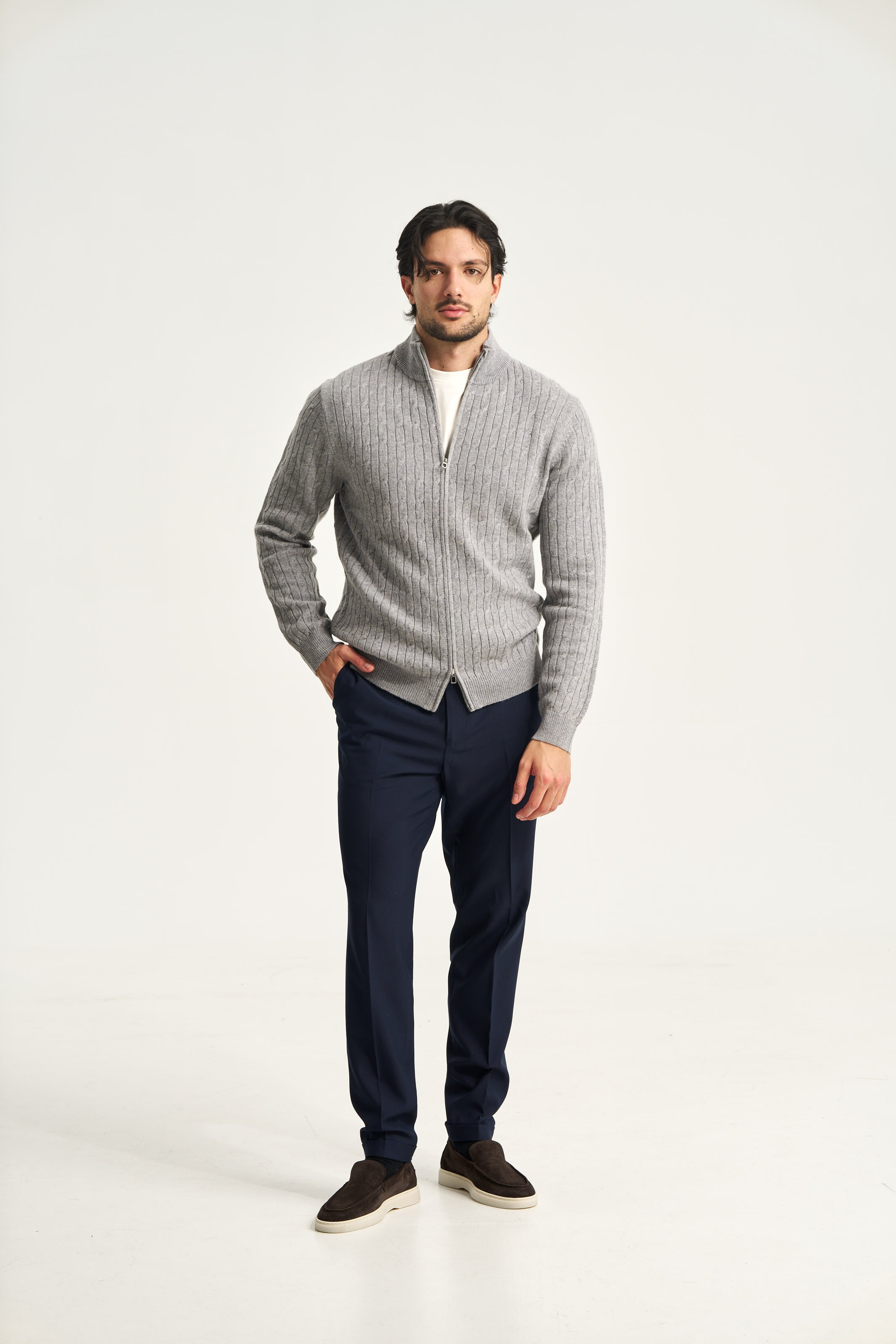 Cable Knit Full Zip Jumper Grey