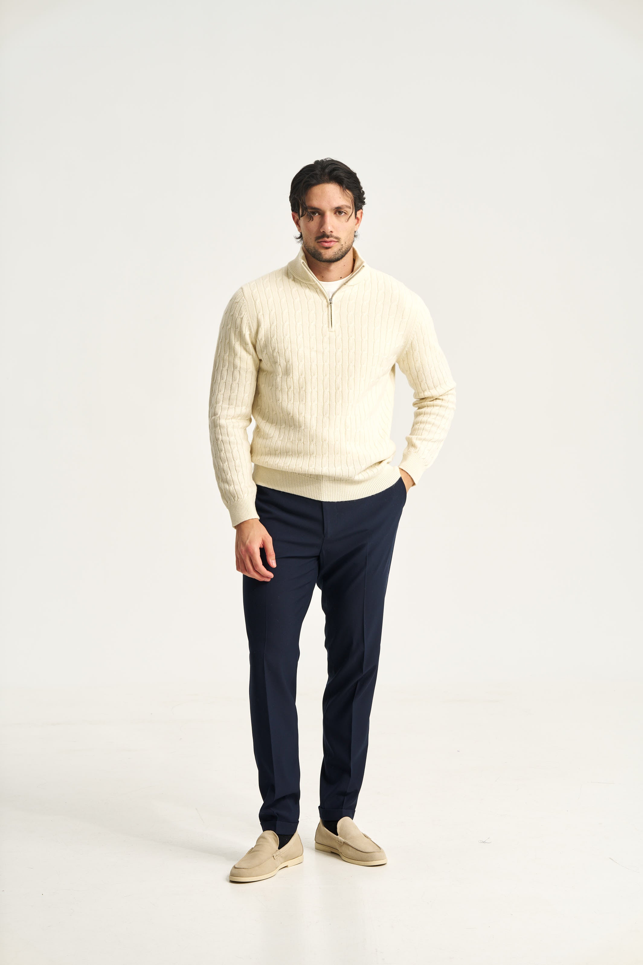 Cable Knit Quarter Zip Jumper Ecru