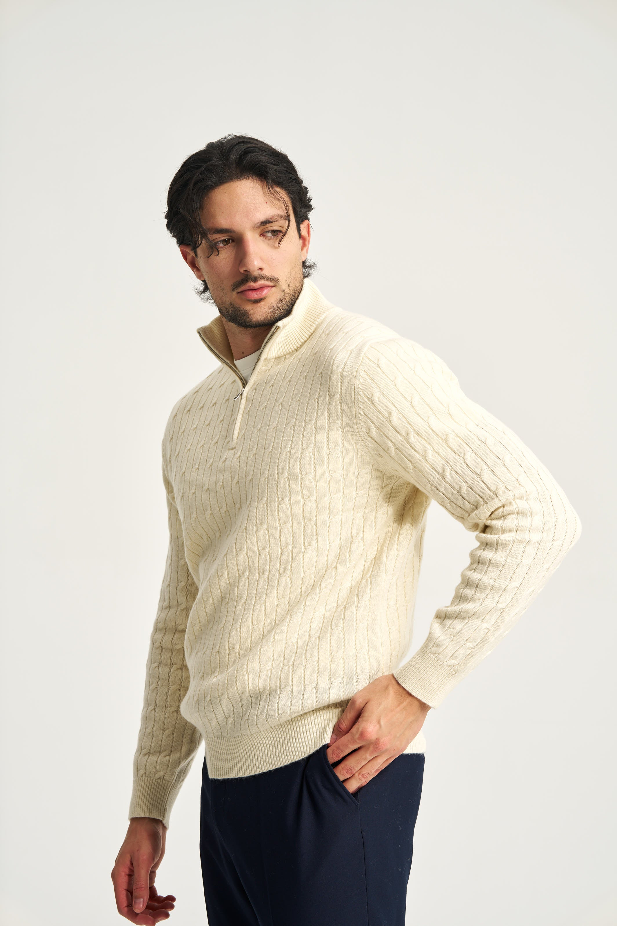 Cable Knit Quarter Zip Jumper Ecru