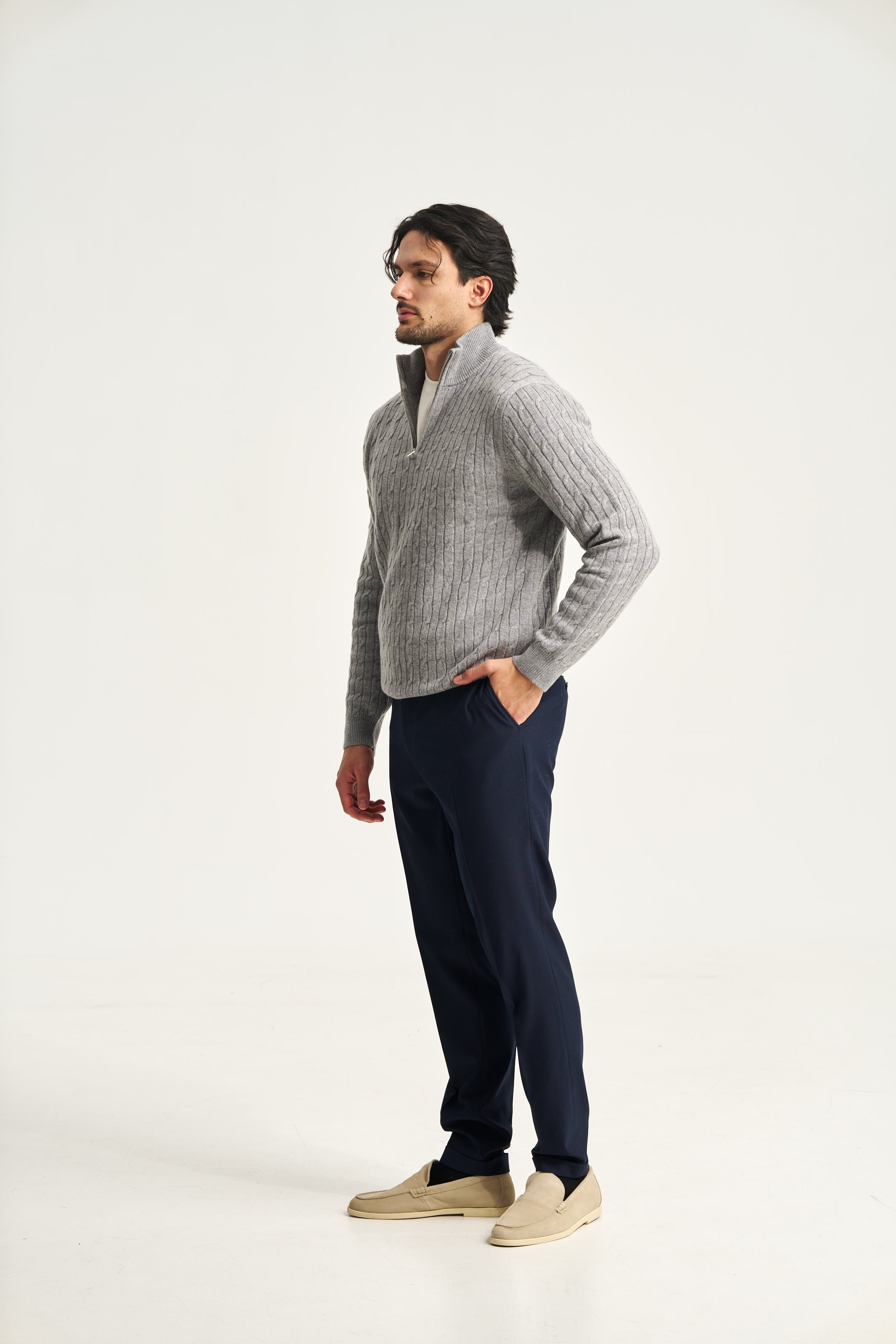 Cable Knit Quarter Zip Jumper Grey