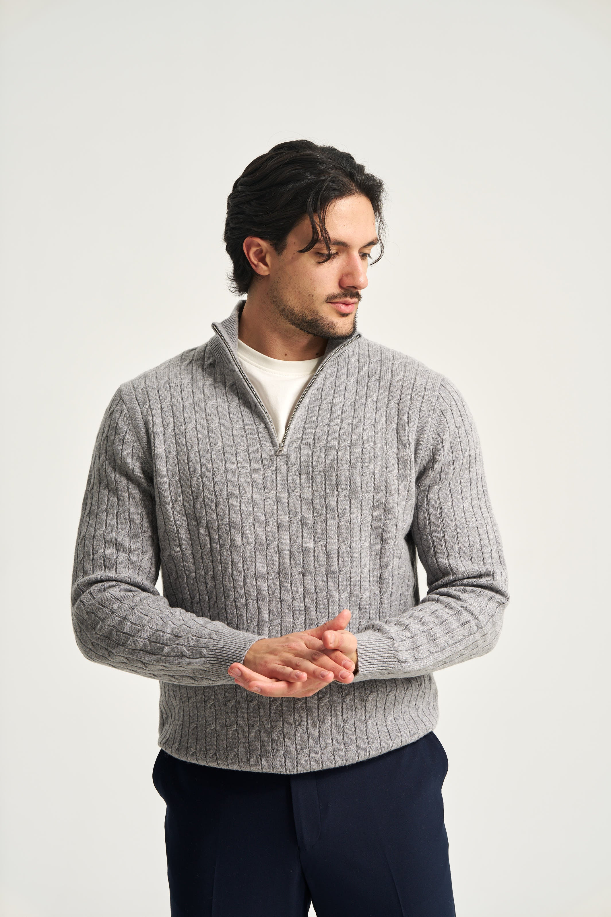 Cable Knit Quarter Zip Jumper Grey