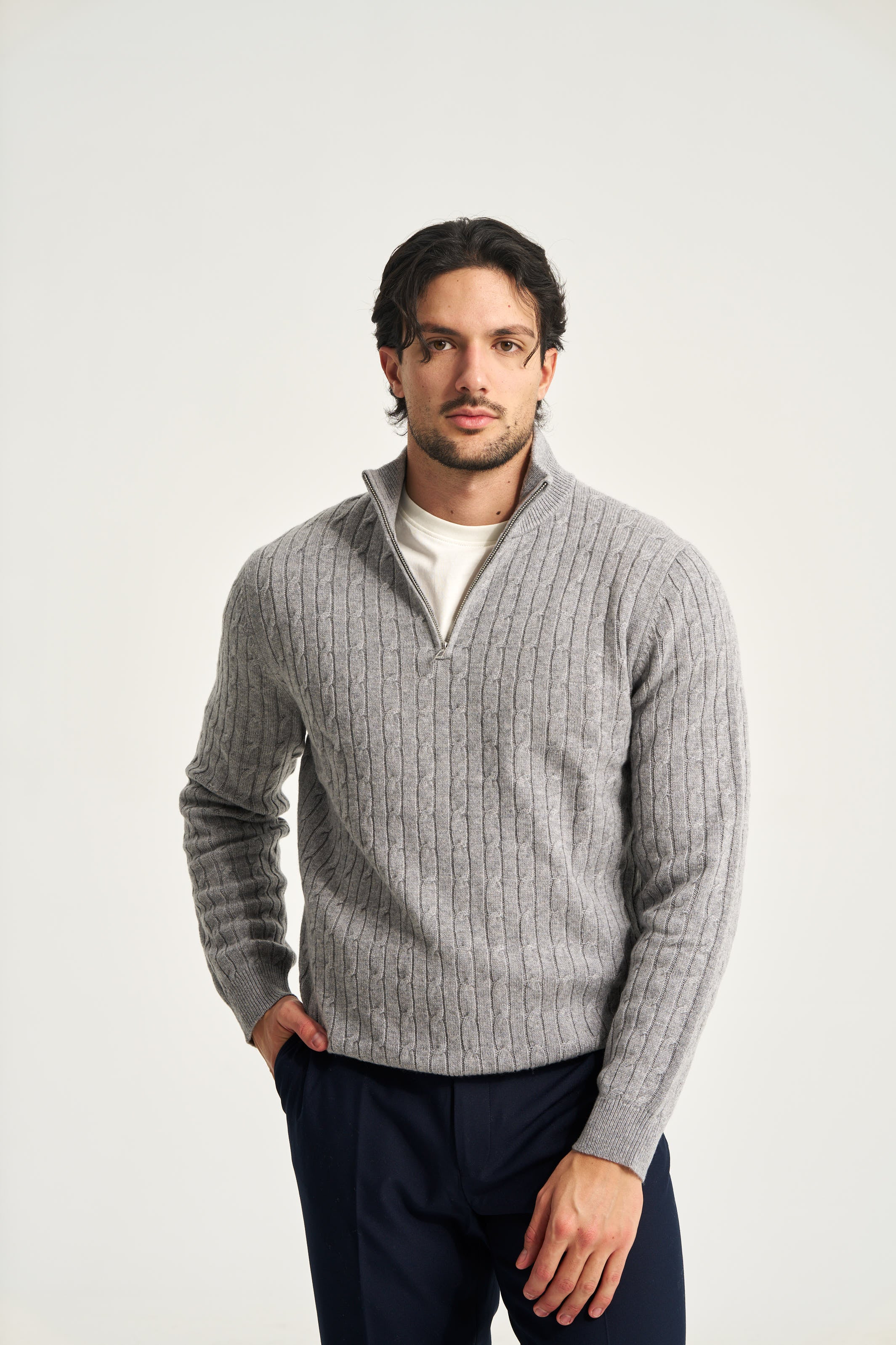 Cable Knit Quarter Zip Jumper Grey