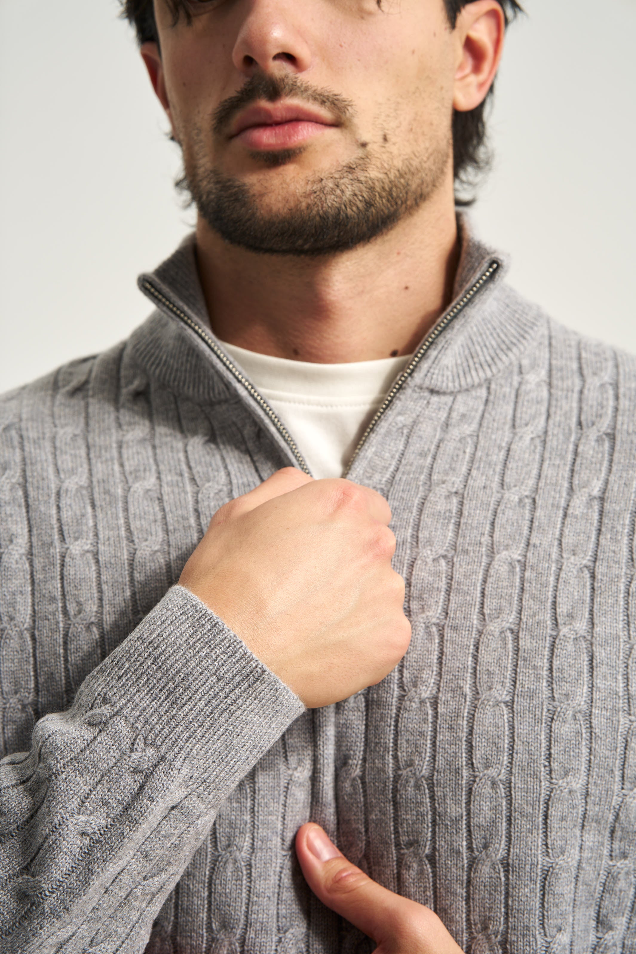 Cable Knit Quarter Zip Jumper Grey