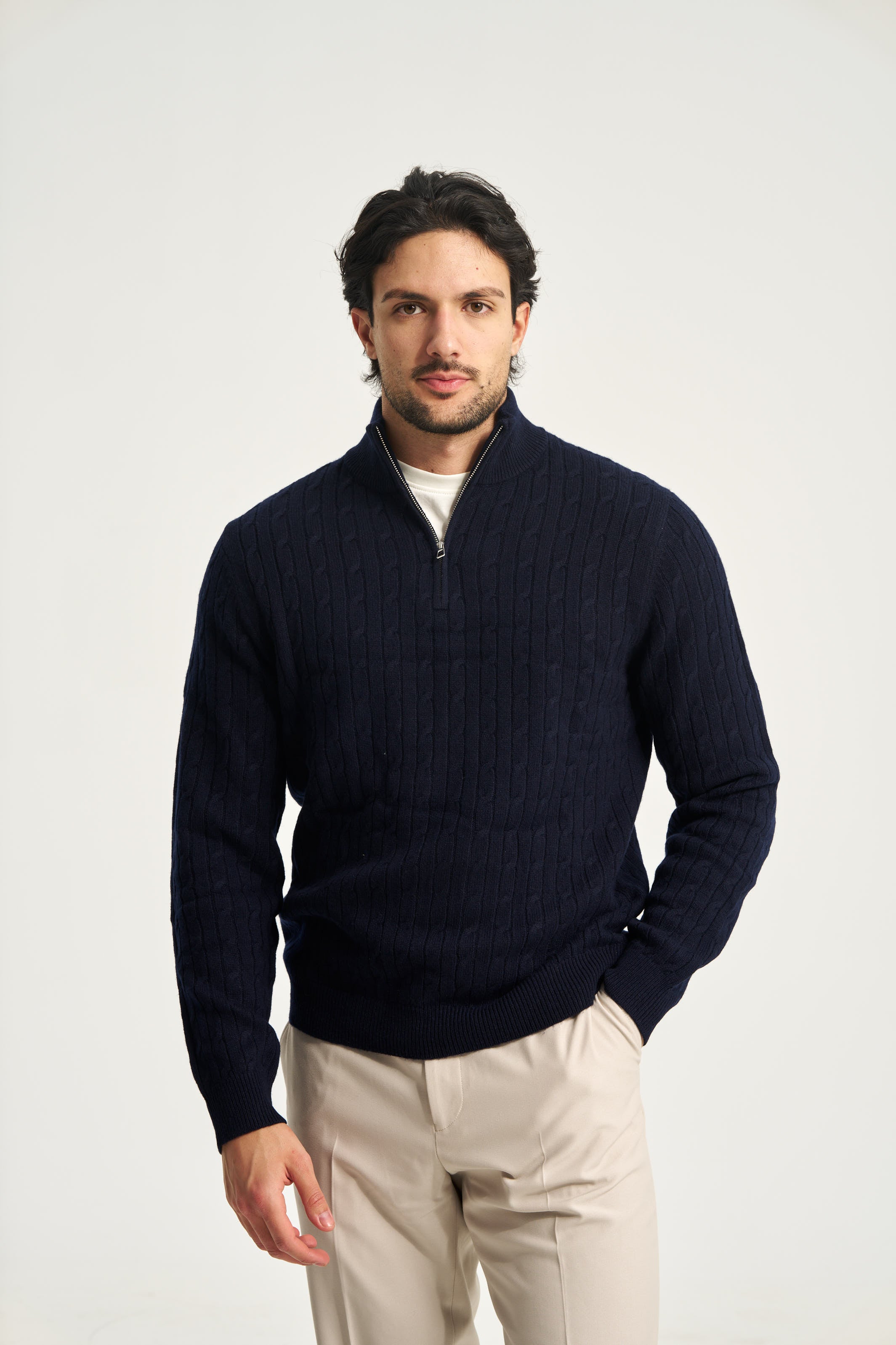Cable Knit Quarter Zip Jumper Navy