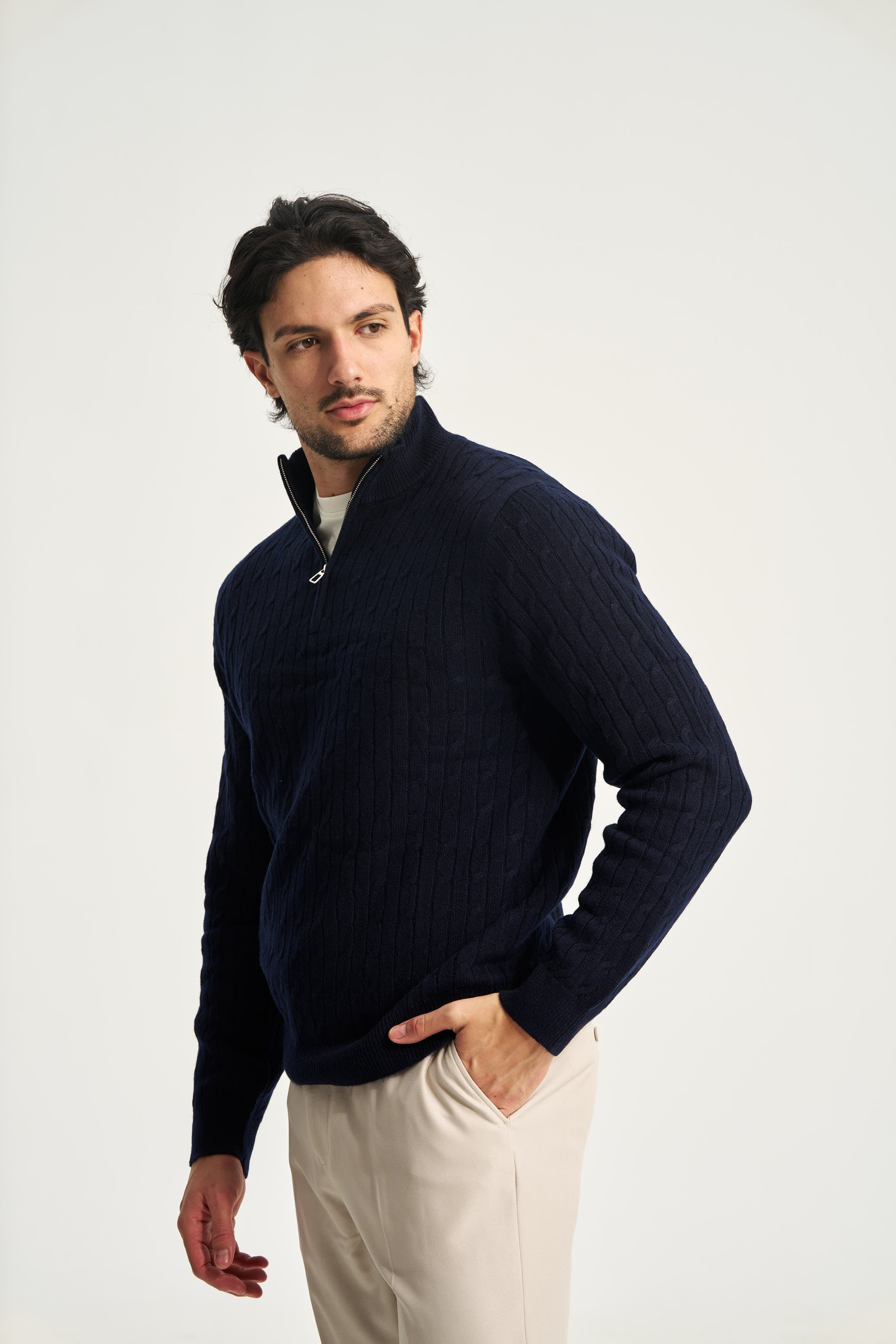 Cable Knit Quarter Zip Jumper Navy