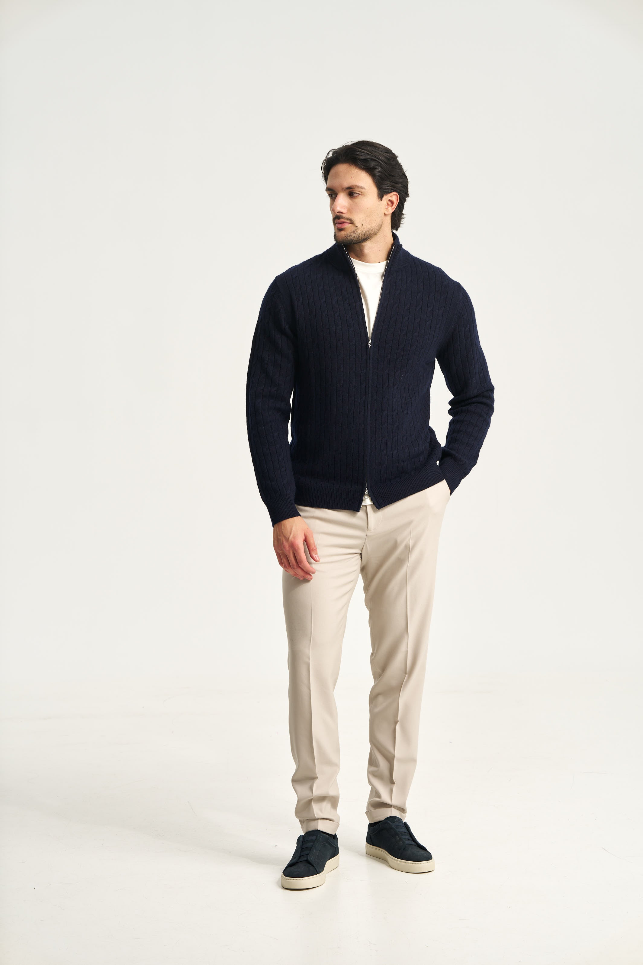 Cable Knit Full Zip Jumper Navy