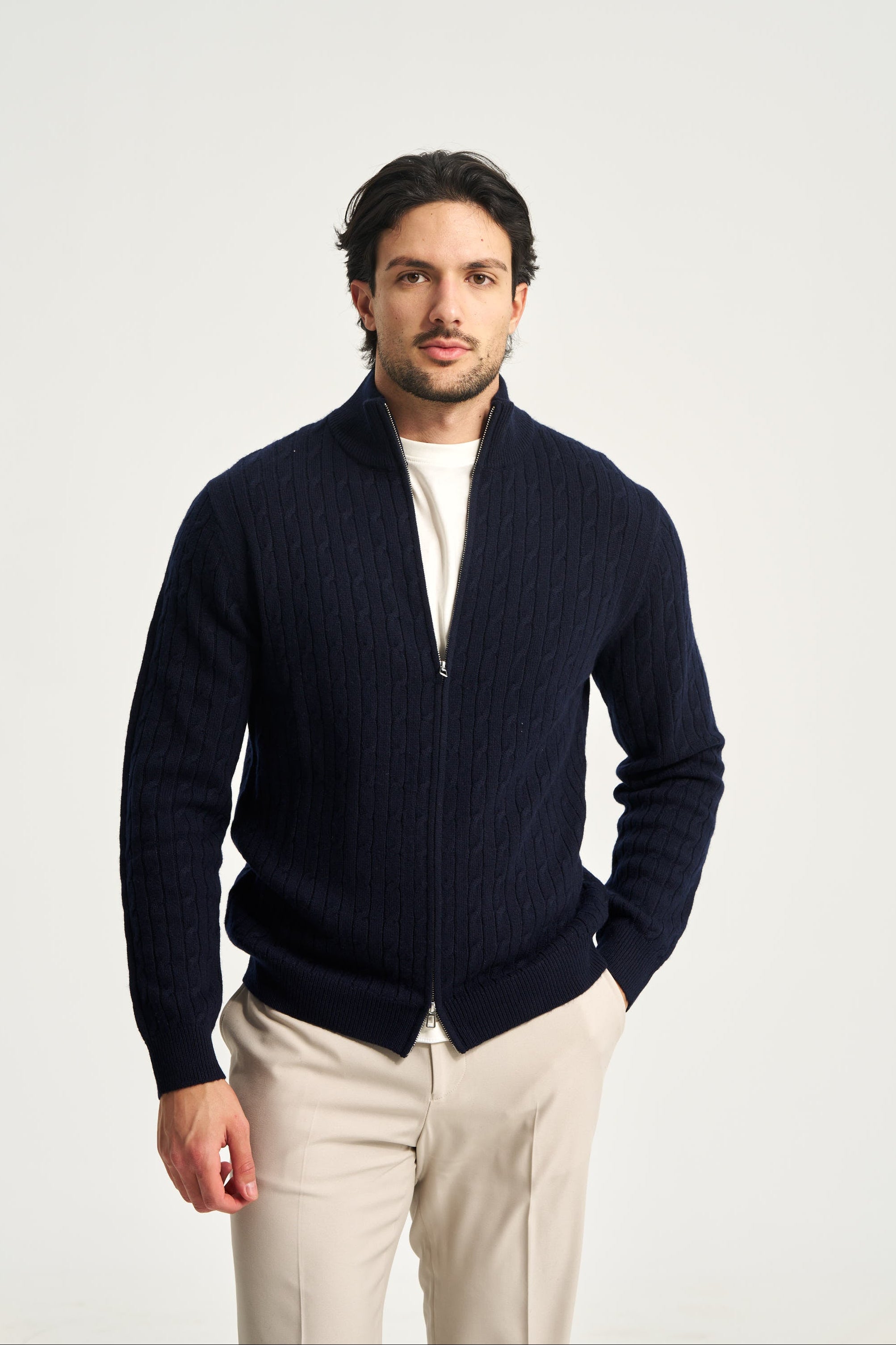 Cable Knit Full Zip Jumper Navy