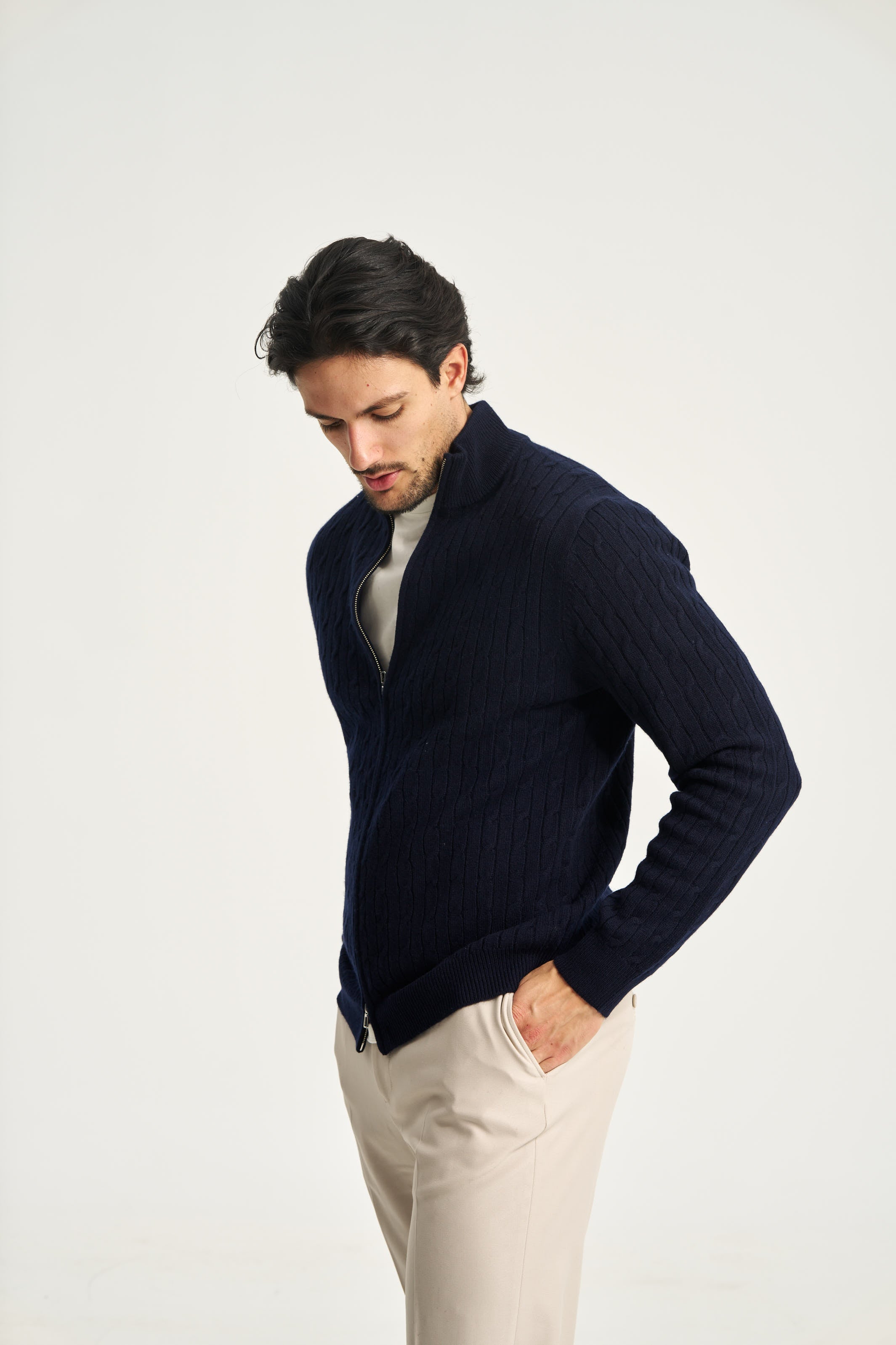 Cable Knit Full Zip Jumper Navy