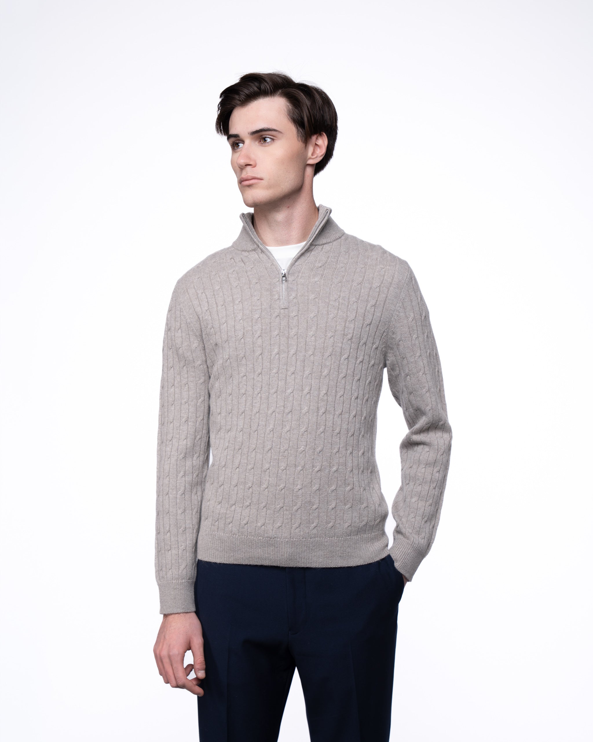Cable Knit Quarter Zip Jumper Taupe