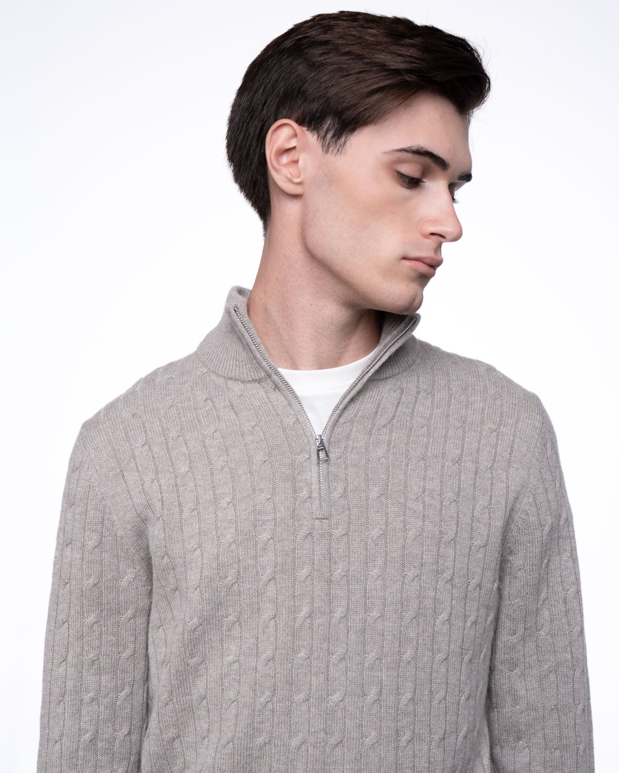 Cable Knit Quarter Zip Jumper Taupe