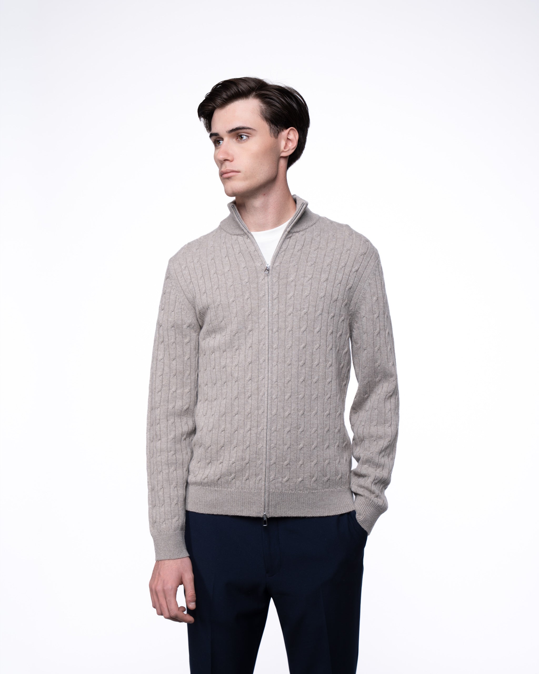 Cable Knit Full Zip Jumper Taupe