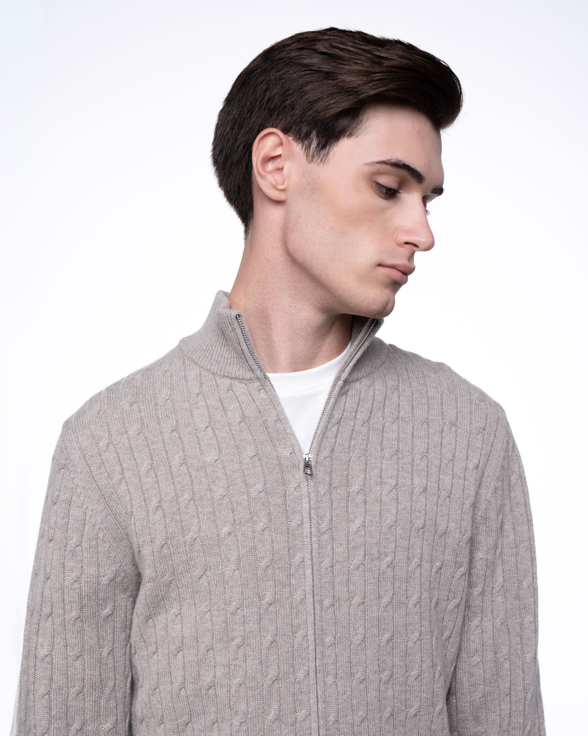 Cable Knit Full Zip Jumper Taupe