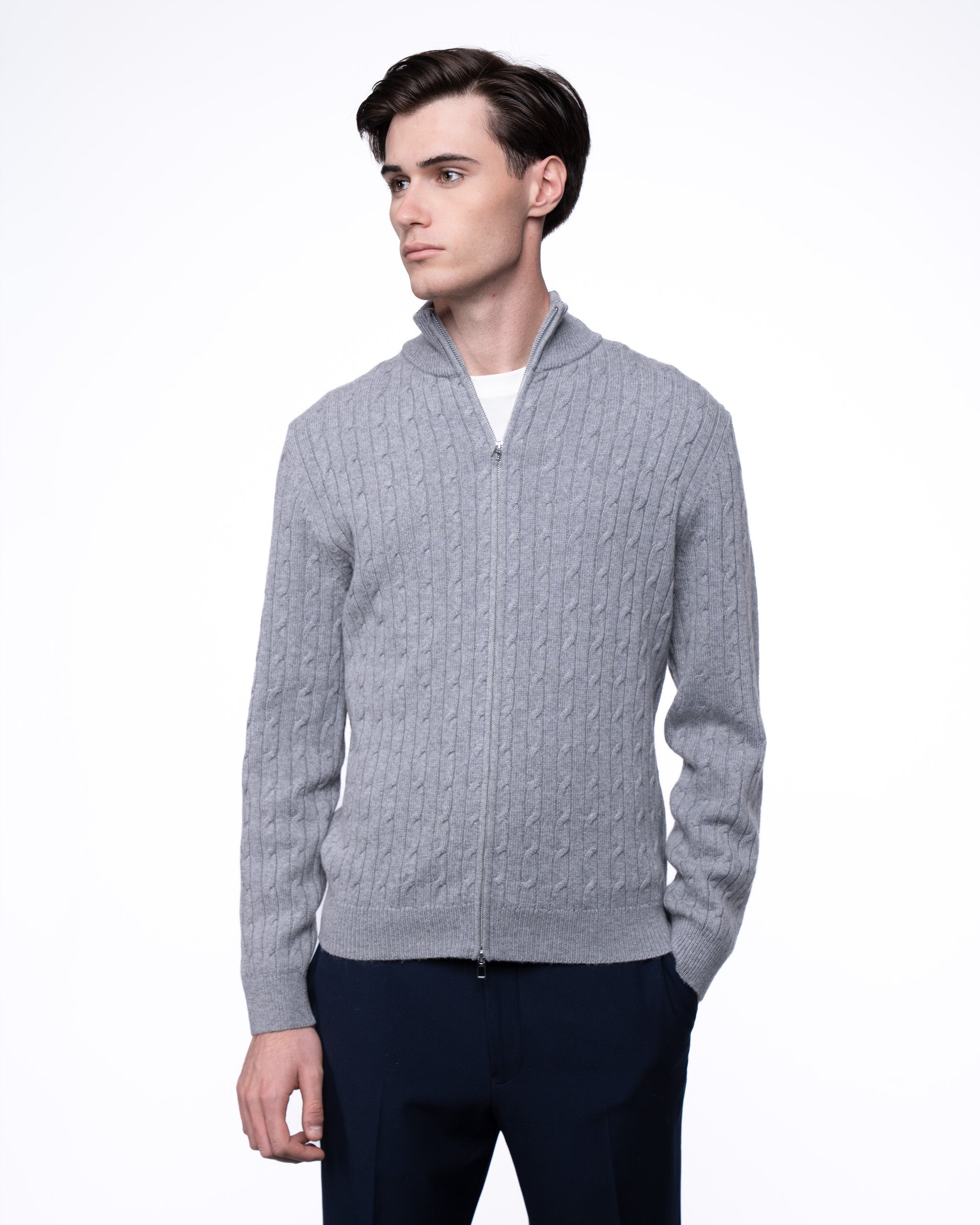 Cable Knit Full Zip Jumper Grey