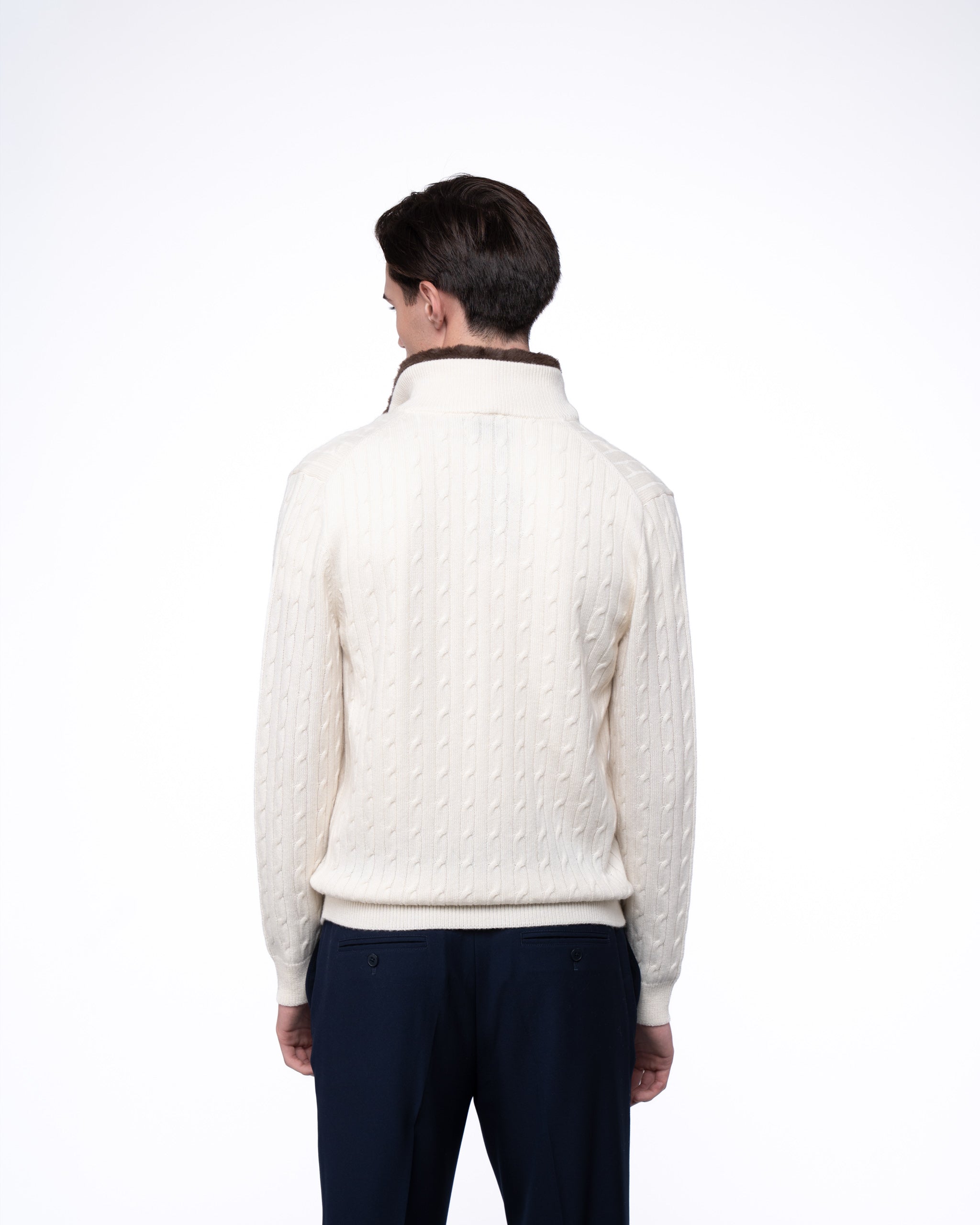 Cable Knit Full Zip Fur Jumper Ecru