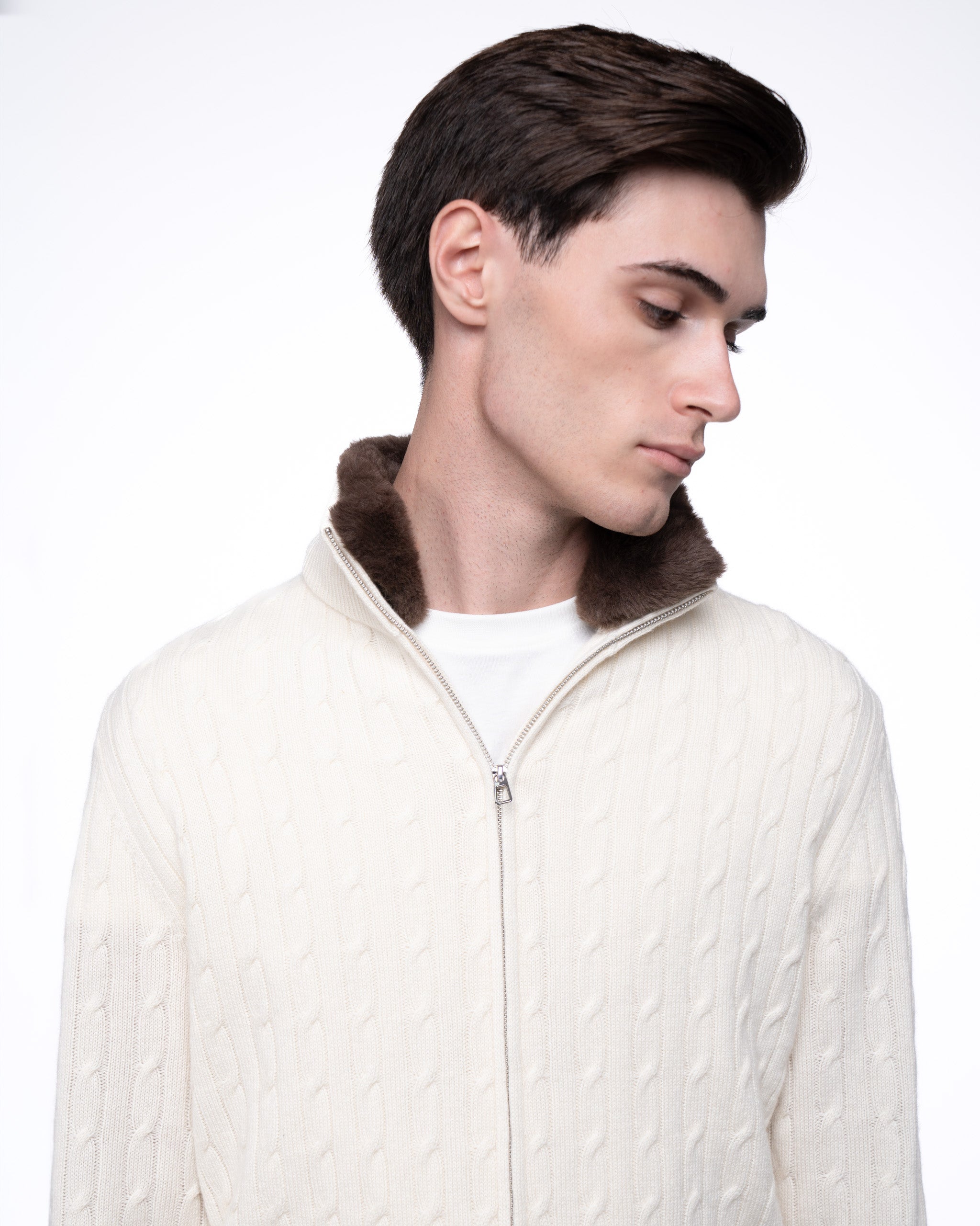 Cable Knit Full Zip Fur Jumper Ecru