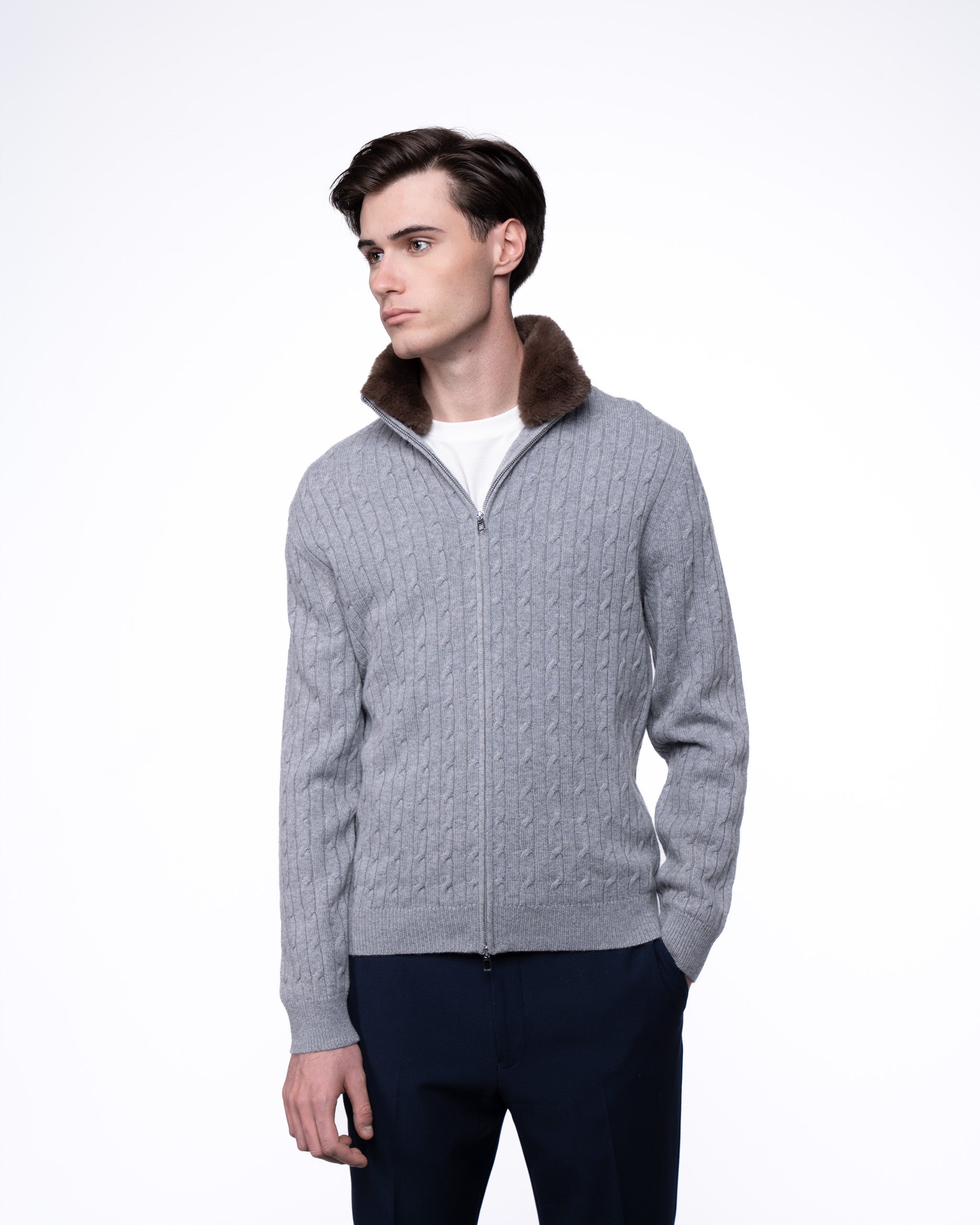 Cable Knit Full Zip Fur Jumper Grey