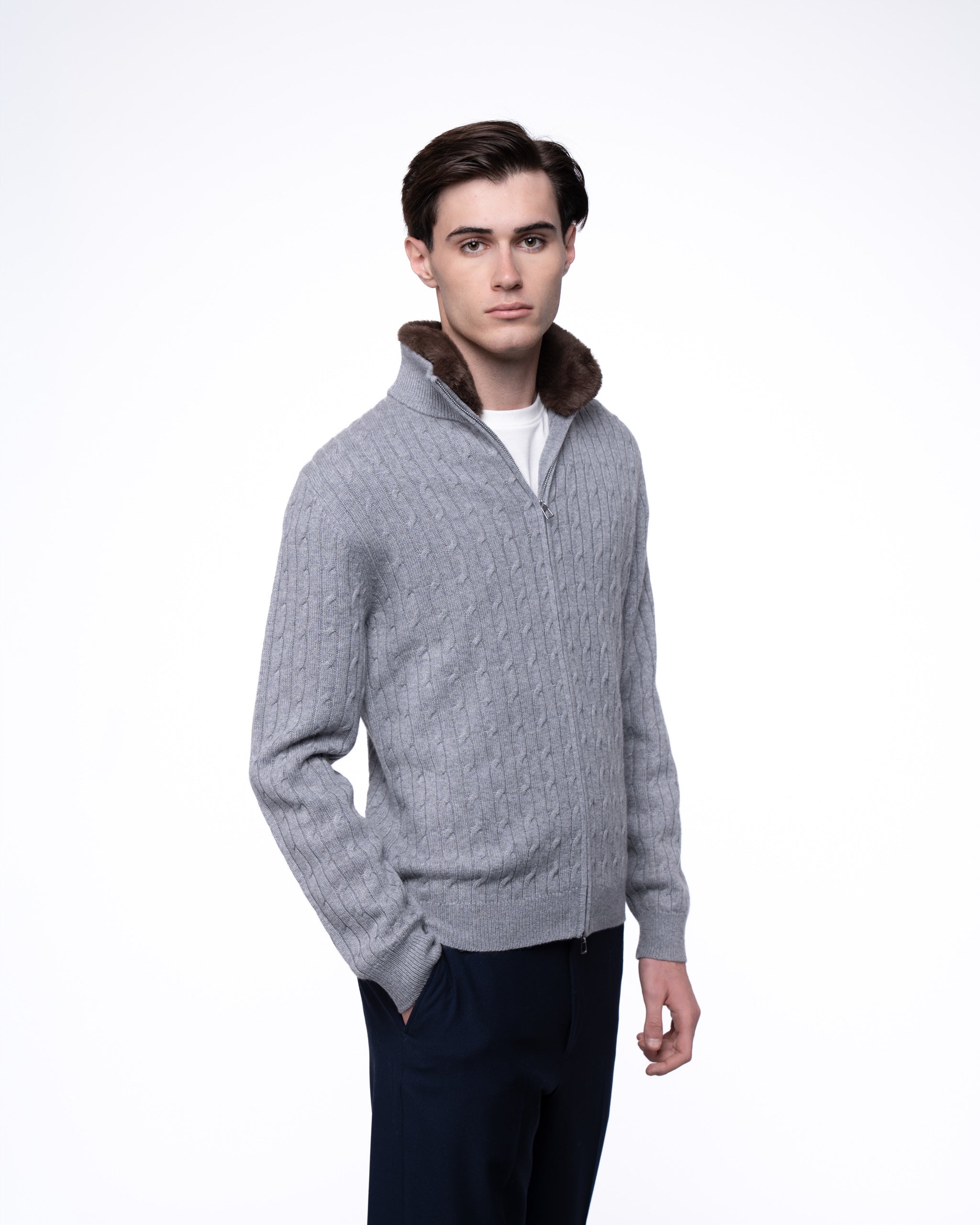 Cable Knit Full Zip Fur Jumper Grey