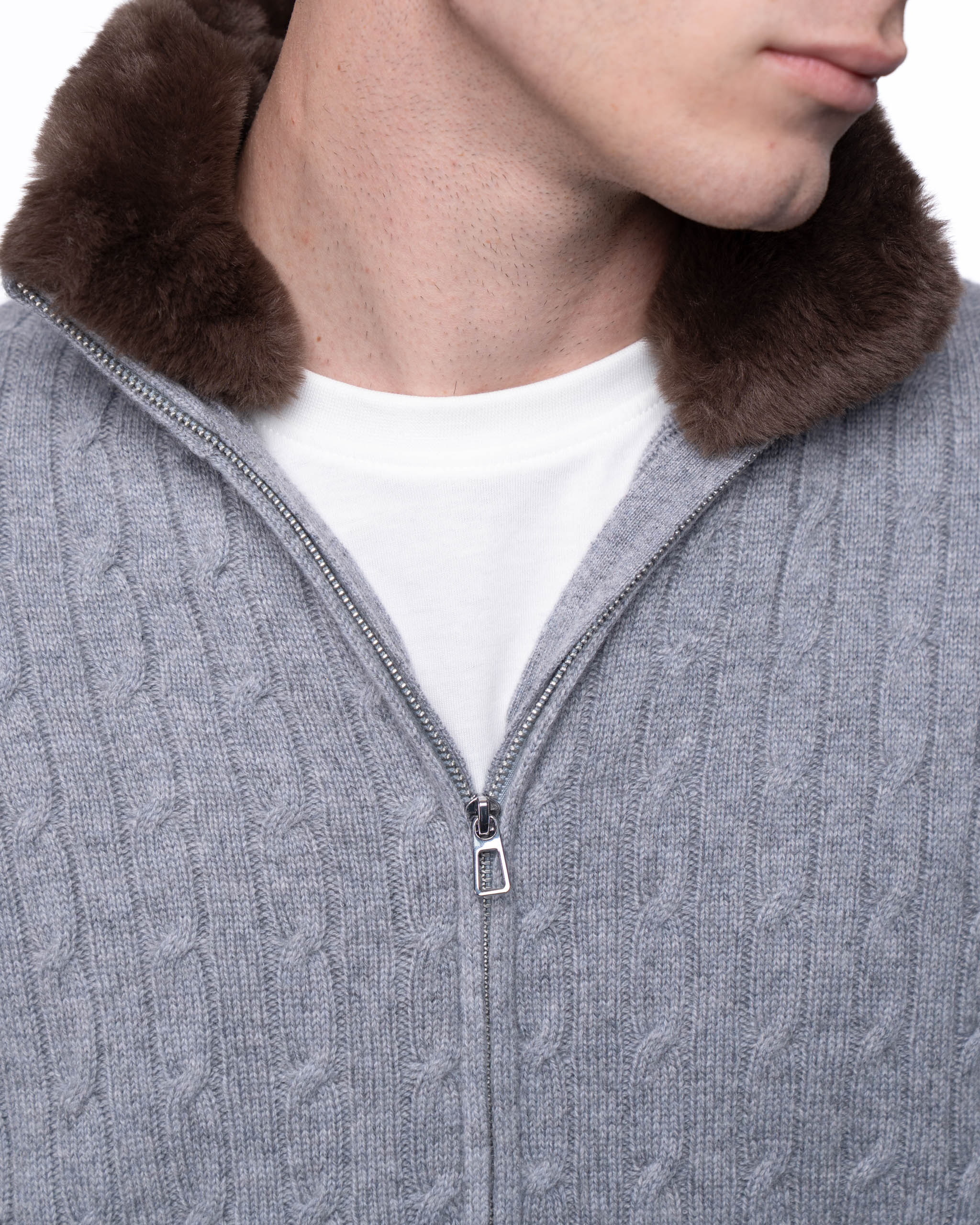 Cable Knit Full Zip Fur Jumper Grey