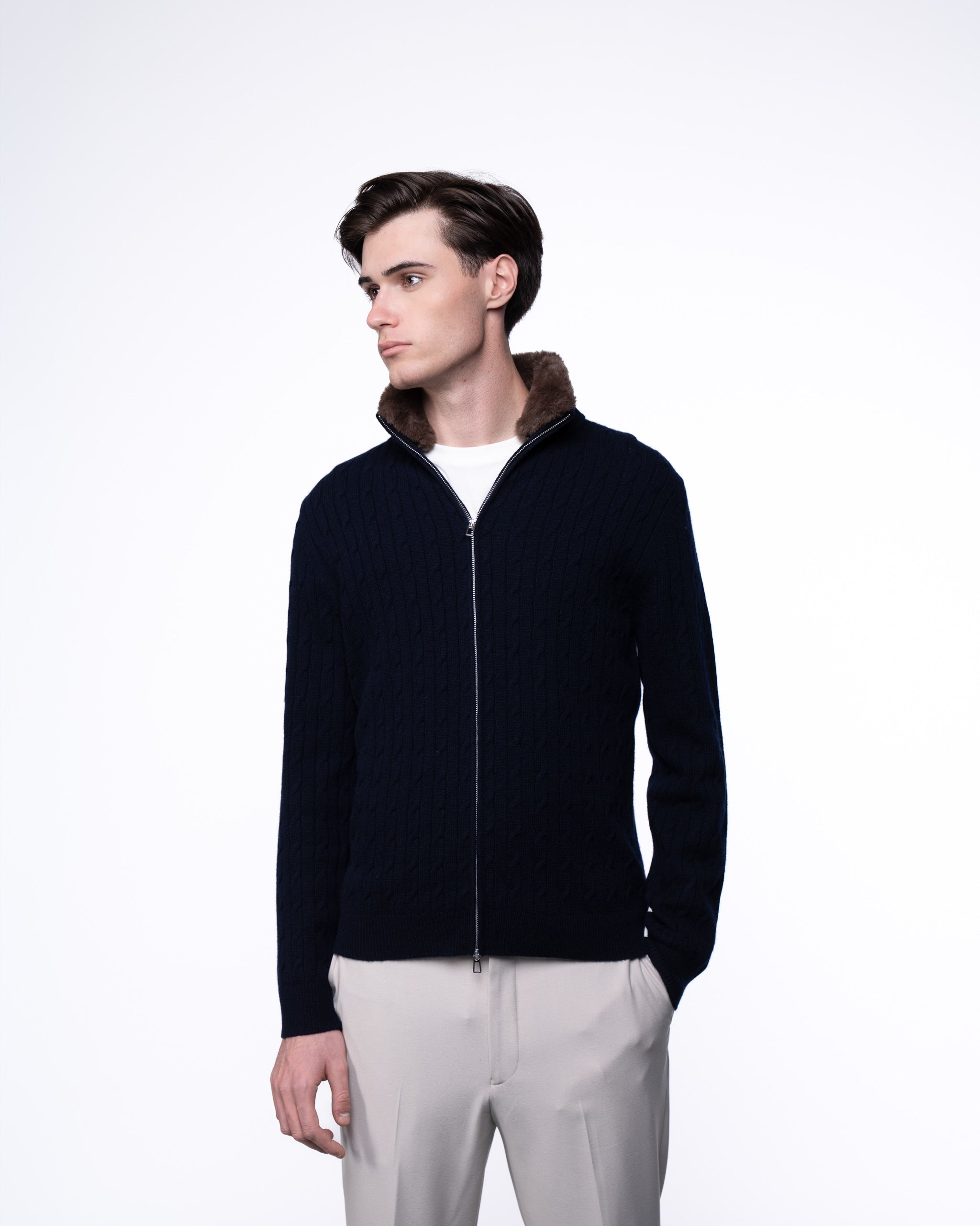 Cable Knit Full Zip Fur Jumper Navy