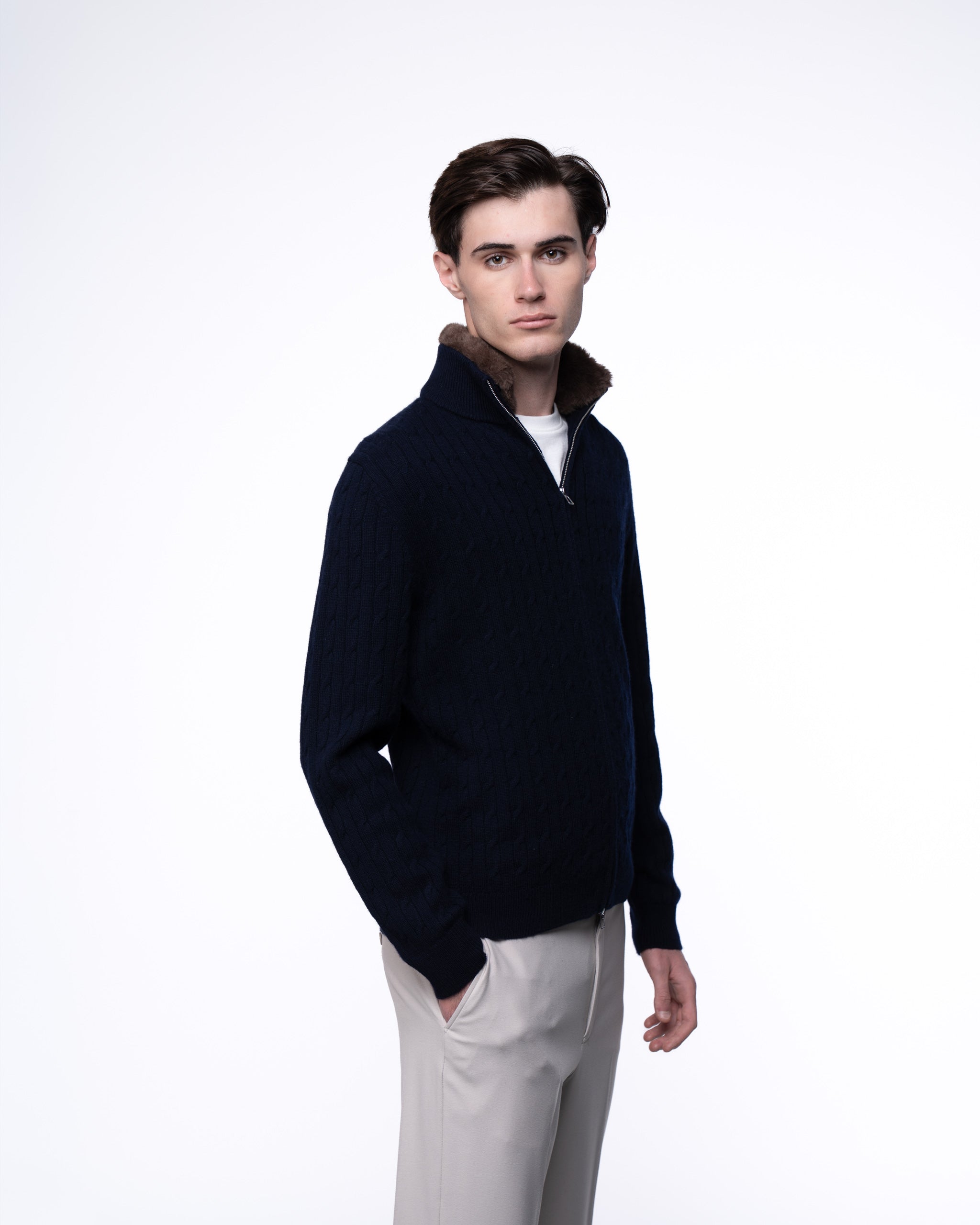 Cable Knit Full Zip Fur Jumper Navy