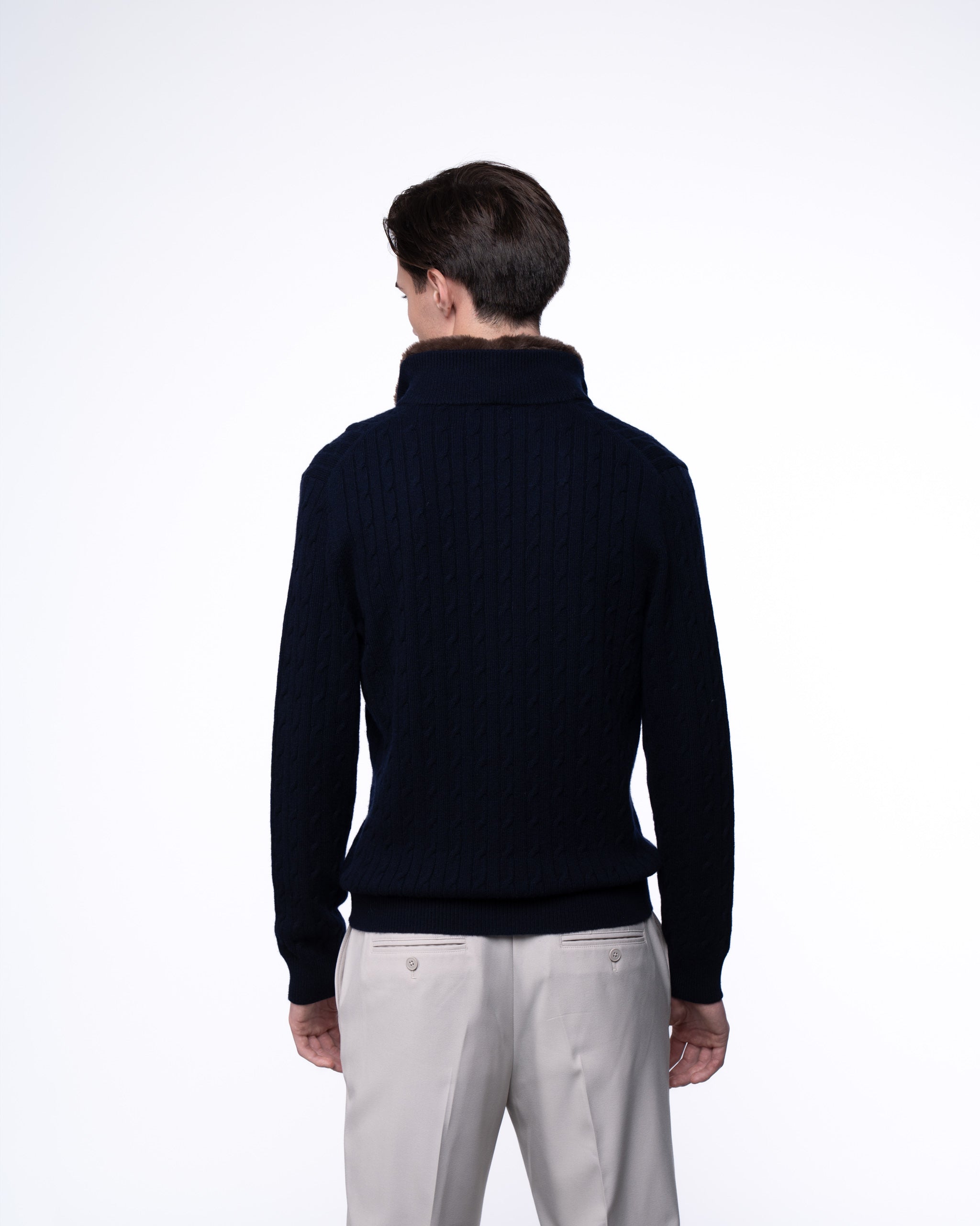 Cable Knit Full Zip Fur Jumper Navy